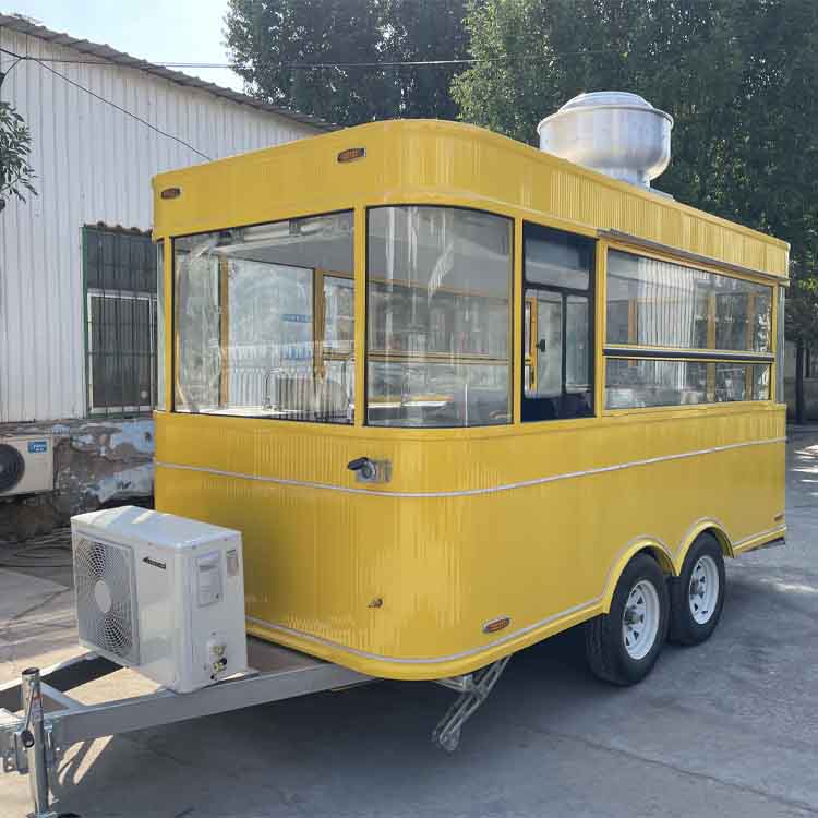 Yellow four-wheel portable food truck trailer