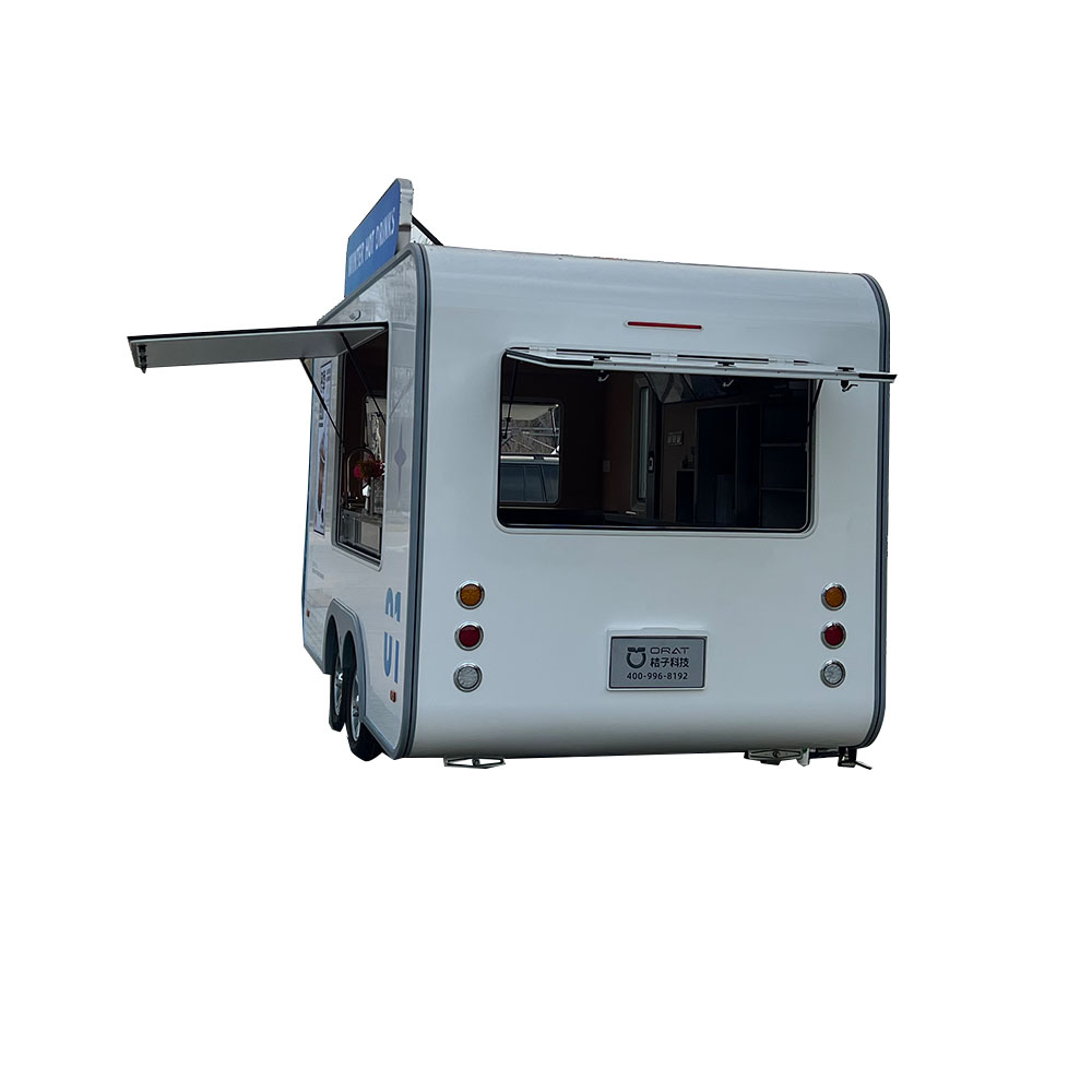Blue and white portable food truck