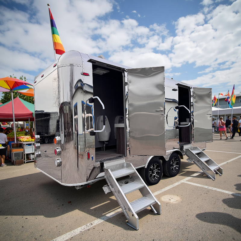 Deluxe stainless steel portable toilet trailer