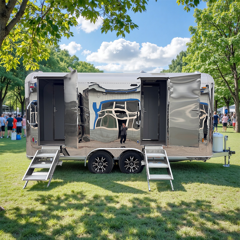 Deluxe stainless steel portable toilet trailer