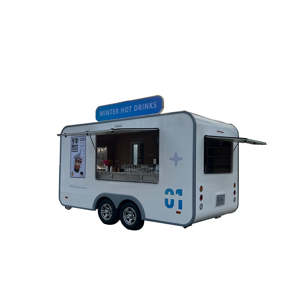 Blue and white portable food truck