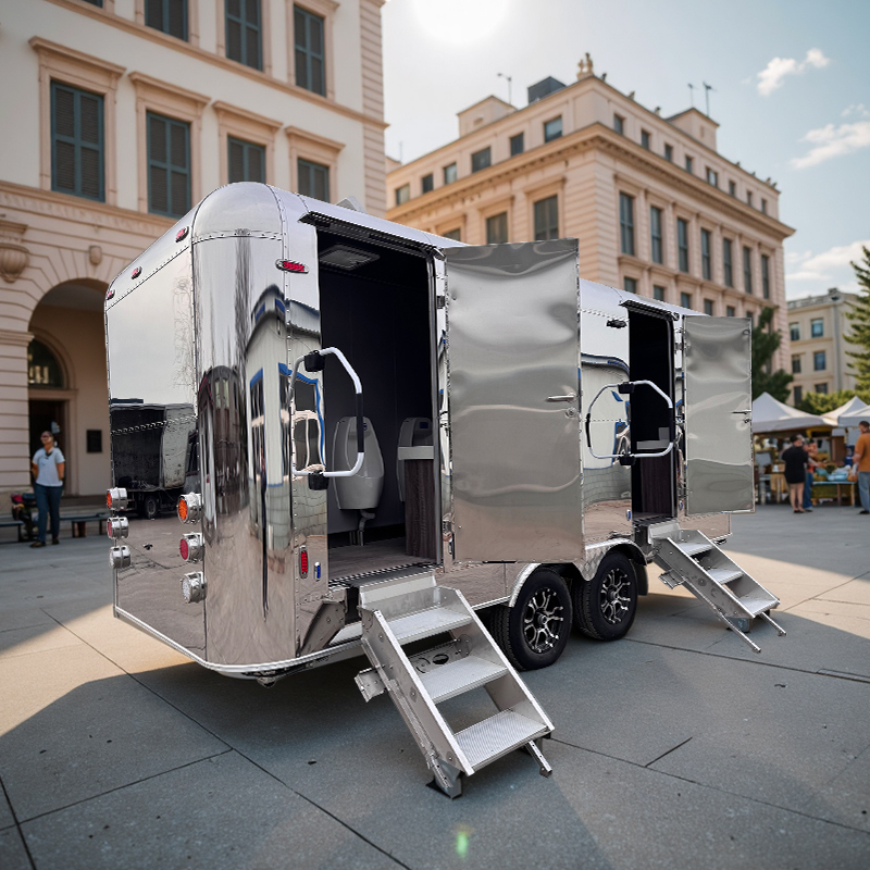 Deluxe stainless steel portable toilet trailer