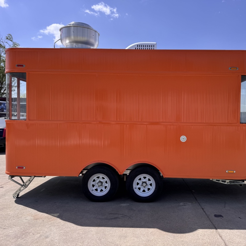 The fashionable orange four-wheel food truck, with a square shape, effortlessly moves through the streets and alleys.