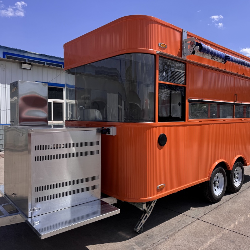 The fashionable orange four-wheel food truck, with a square shape, effortlessly moves through the streets and alleys.