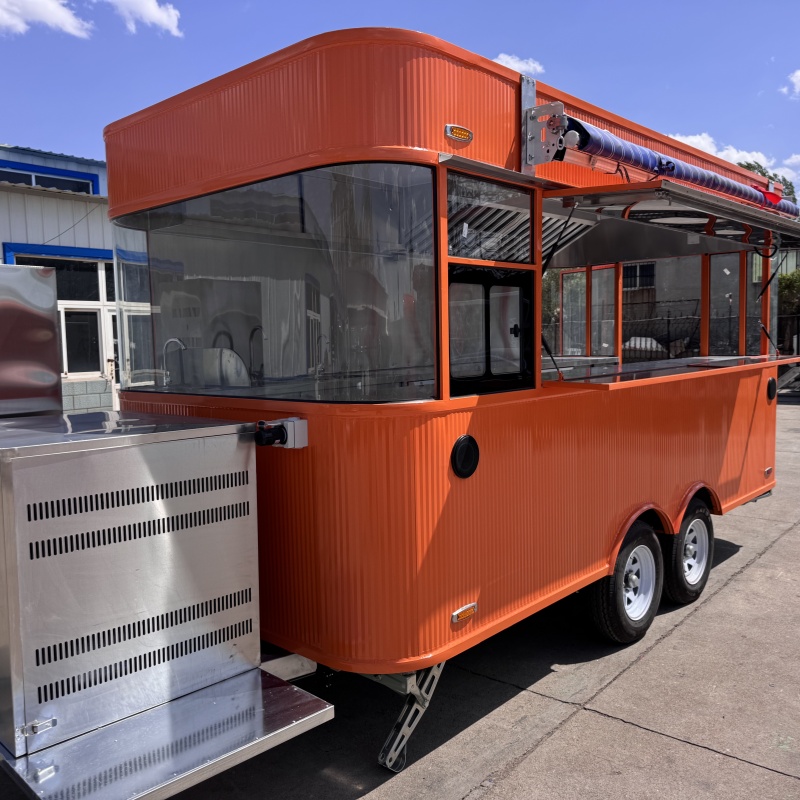 The fashionable orange four-wheel food truck, with a square shape, effortlessly moves through the streets and alleys.
