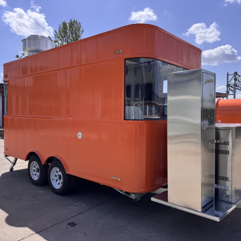 The fashionable orange four-wheel food truck, with a square shape, effortlessly moves through the streets and alleys.