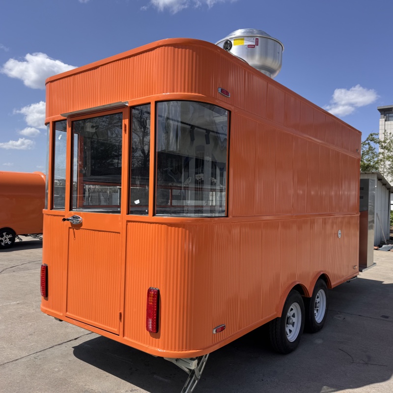 The fashionable orange four-wheel food truck, with a square shape, effortlessly moves through the streets and alleys.