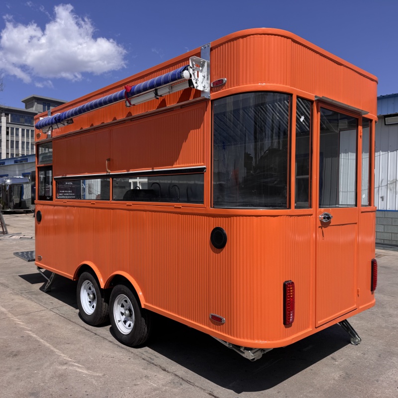 The fashionable orange four-wheel food truck, with a square shape, effortlessly moves through the streets and alleys.