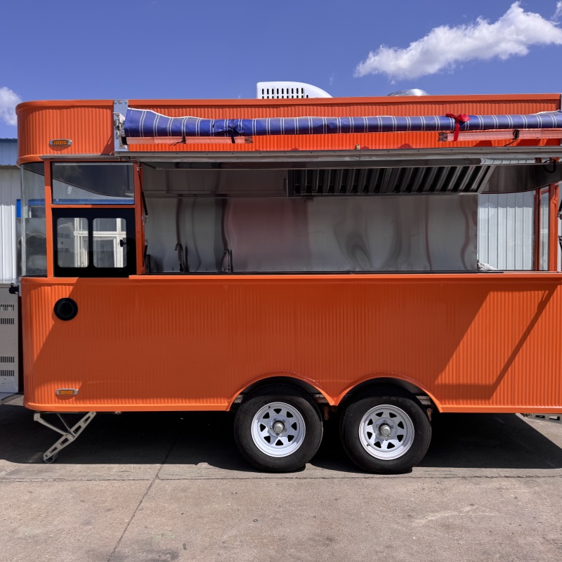 The fashionable orange four-wheel food truck, with a square shape, effortlessly moves through the streets and alleys.