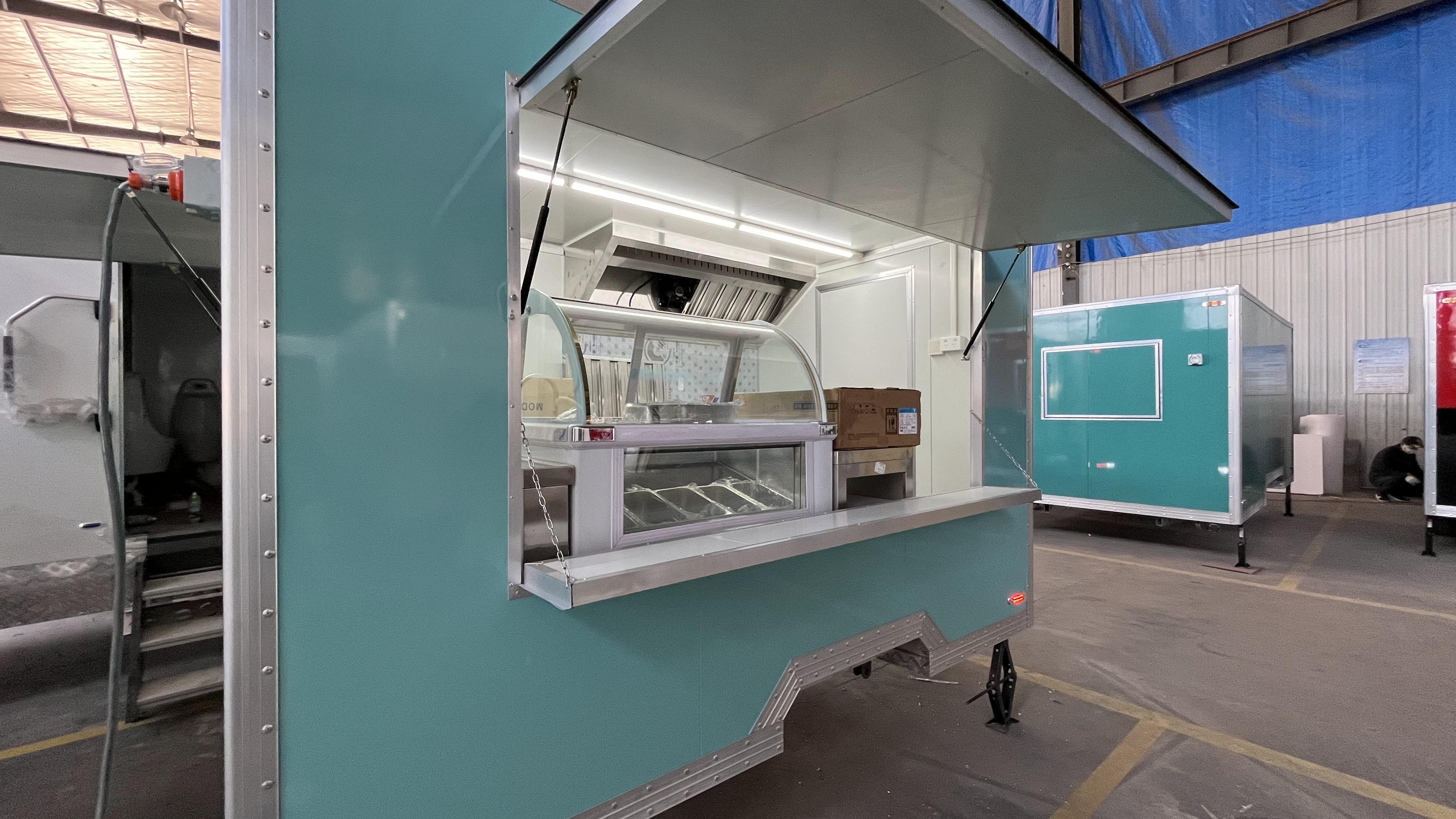 Blue retro food truck trailer | Mobile food stall/market stall/camping food truck with portable folding design
