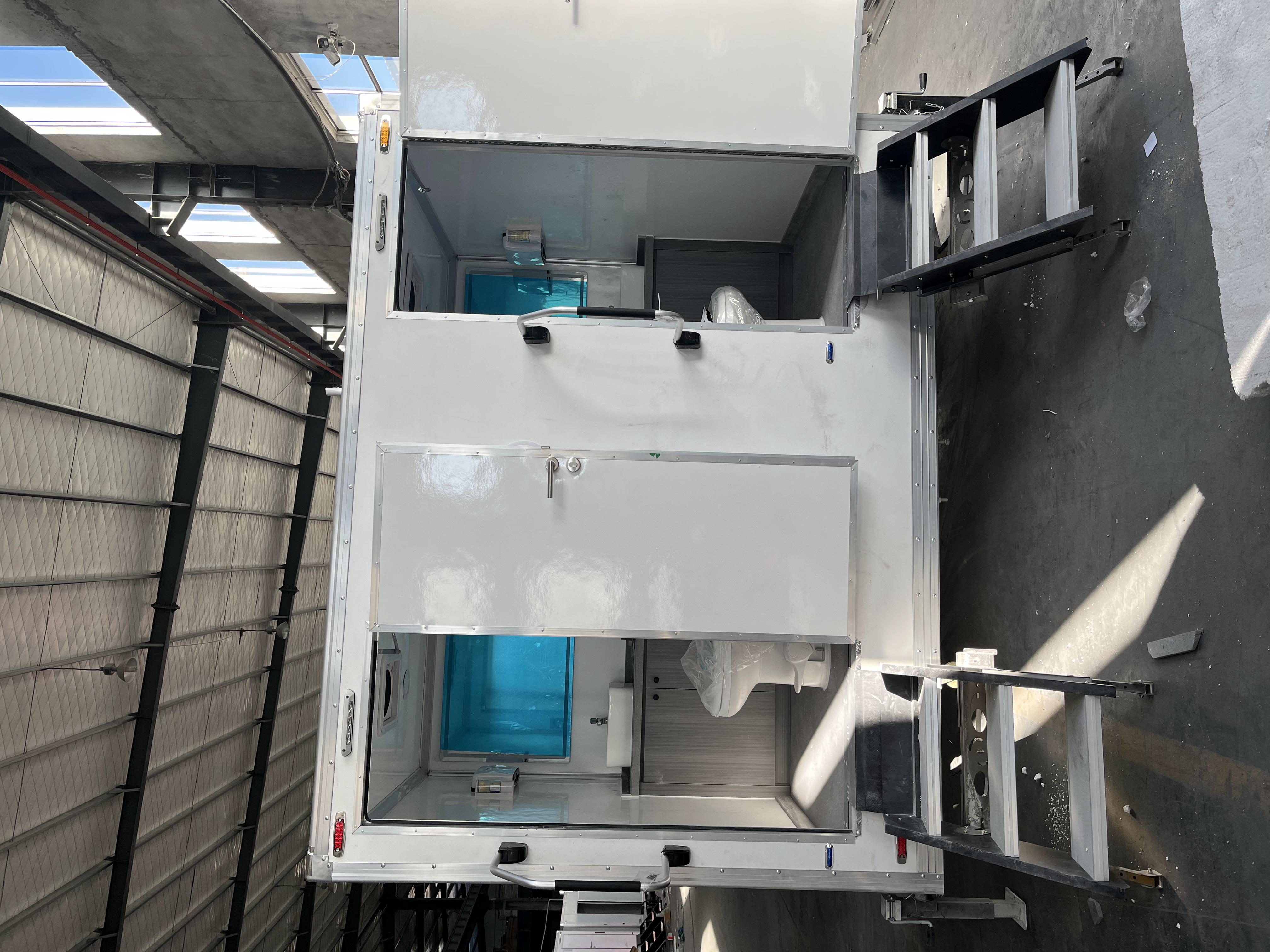 Mobile double toilet white trailer | Two independent bathrooms + waterproof floor + ventilation system for more comfortable outdoor use