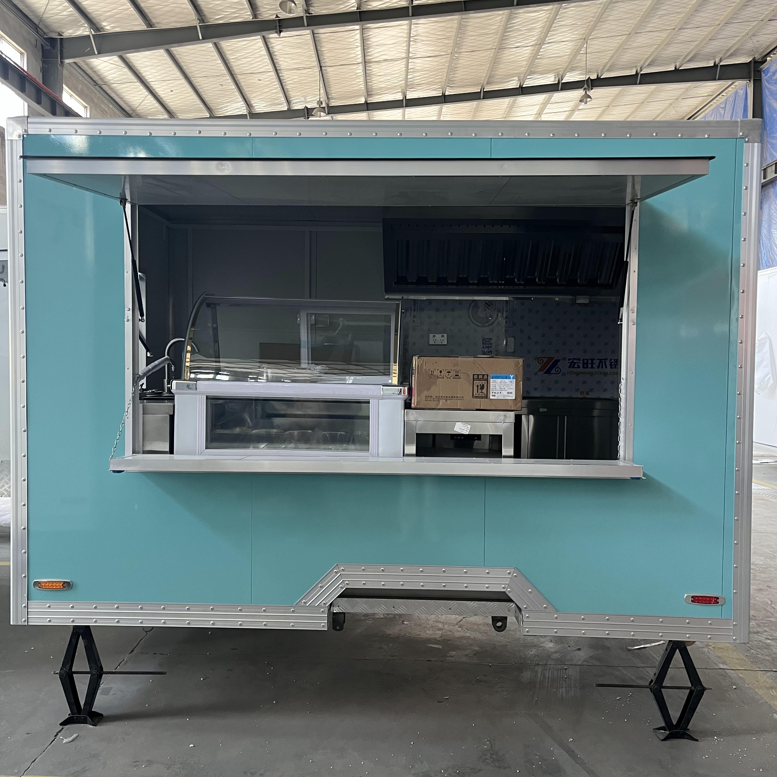 Blue retro food truck trailer | Mobile food stall/market stall/camping food truck with portable folding design