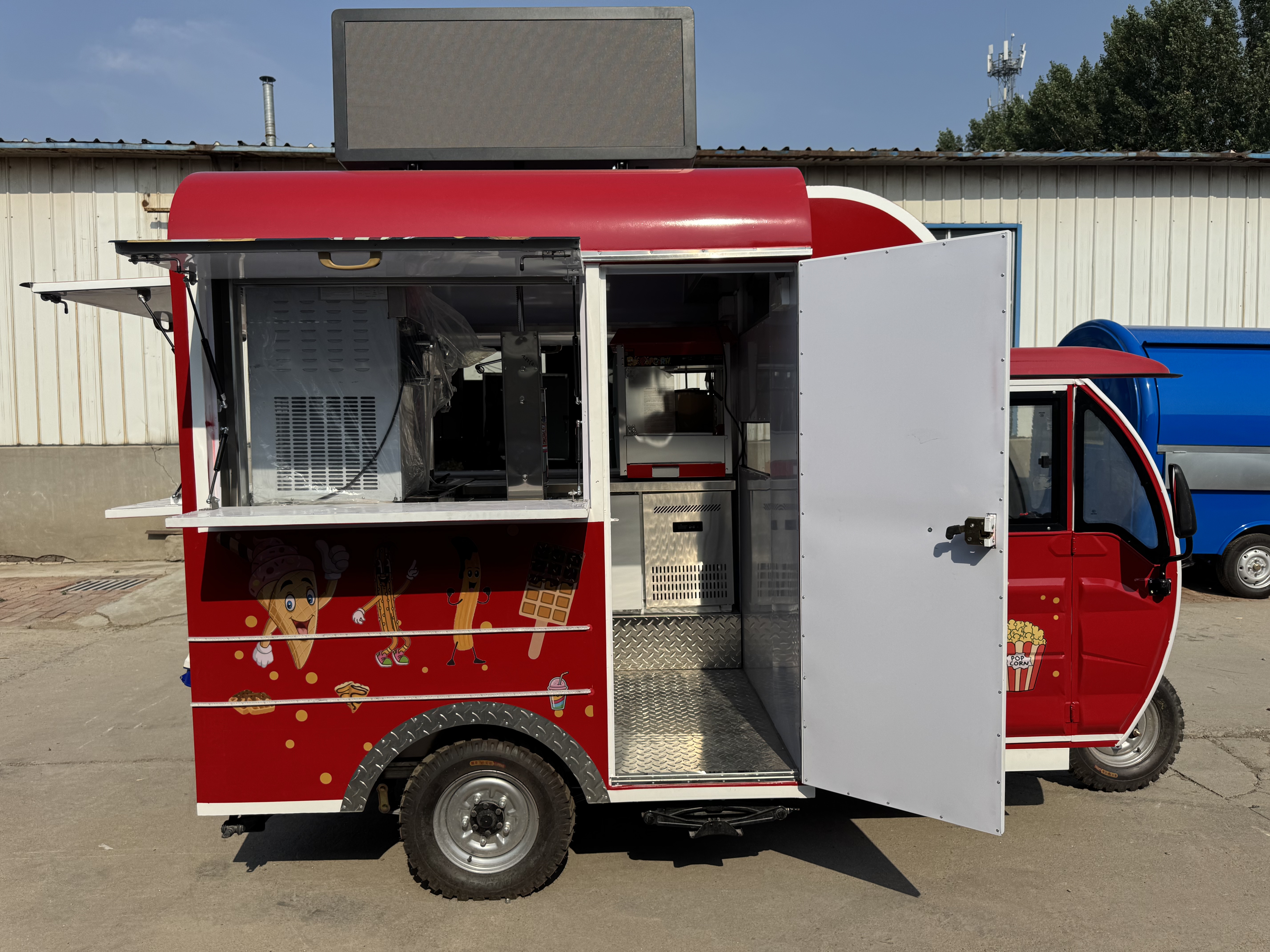 Red multi-functional popcorn food cart trailer popcorn machine + cotton candy machine + storage cabinet with LED light box Night market snack cart/children's party mobile dessert station