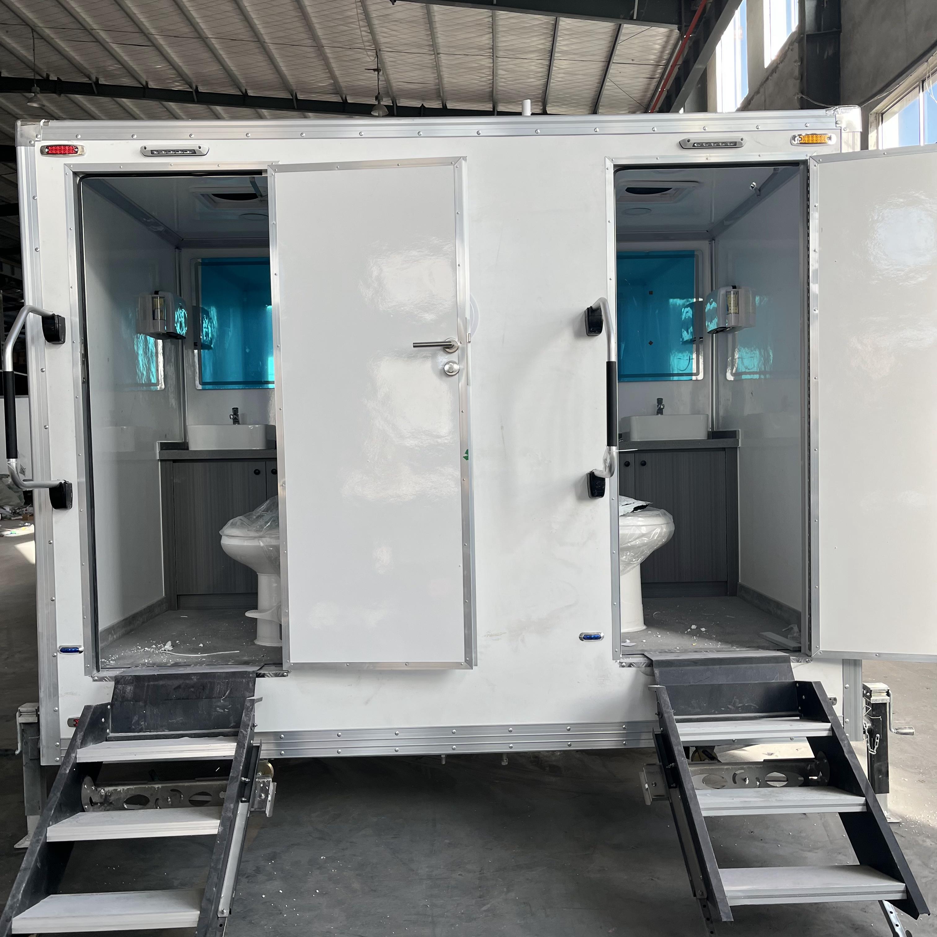 Mobile double toilet white trailer | Two independent bathrooms + waterproof floor + ventilation system for more comfortable outdoor use