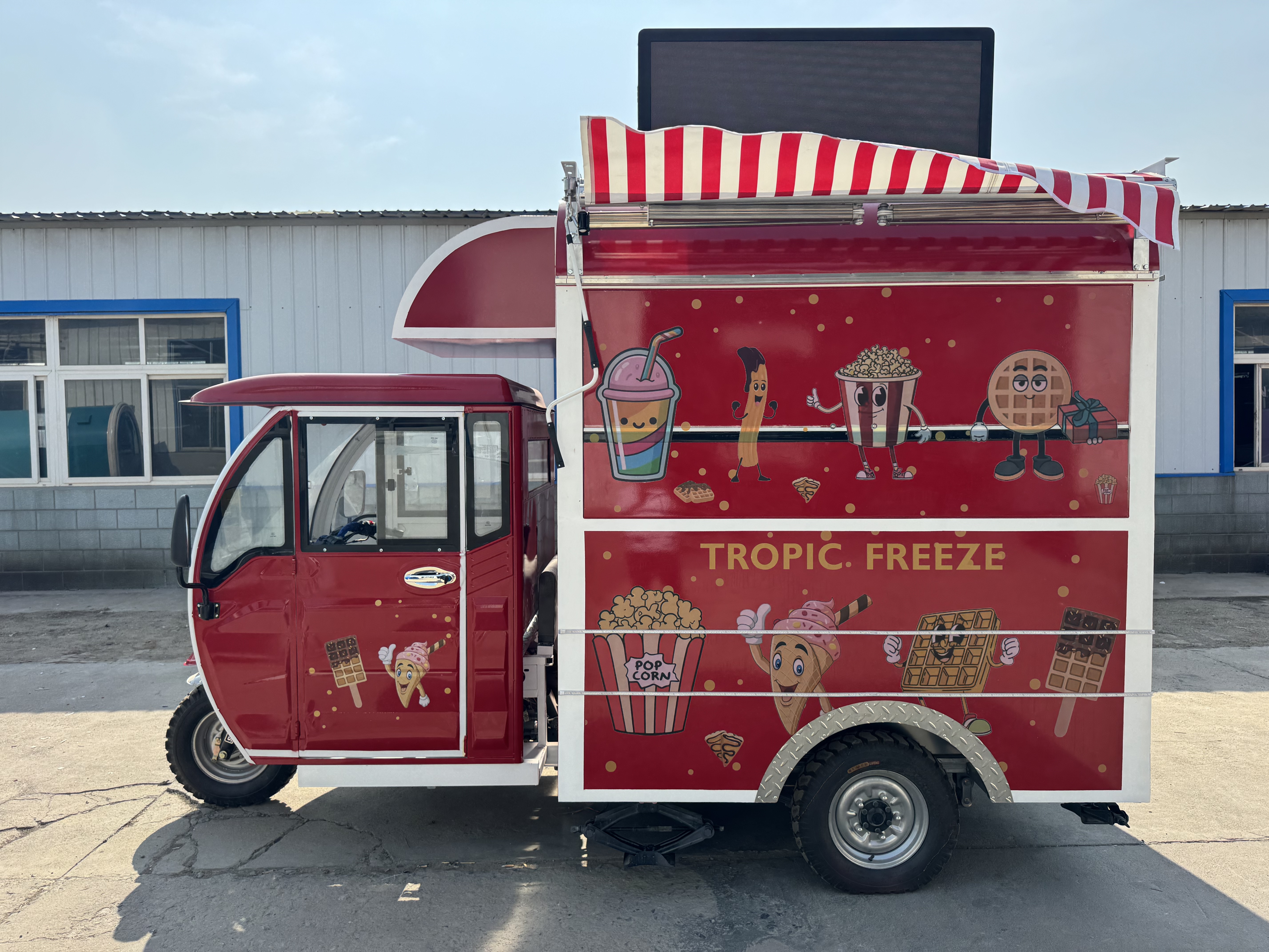 Red multi-functional popcorn food cart trailer popcorn machine + cotton candy machine + storage cabinet with LED light box Night market snack cart/children's party mobile dessert station