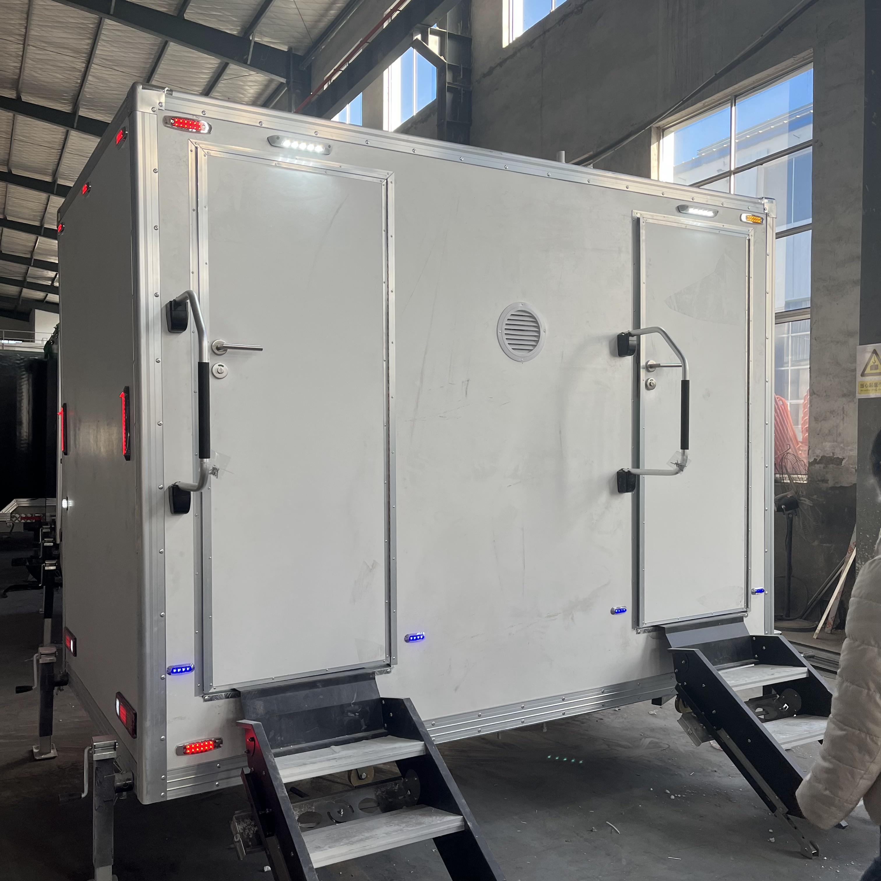 Mobile double toilet white trailer | Two independent bathrooms + waterproof floor + ventilation system for more comfortable outdoor use