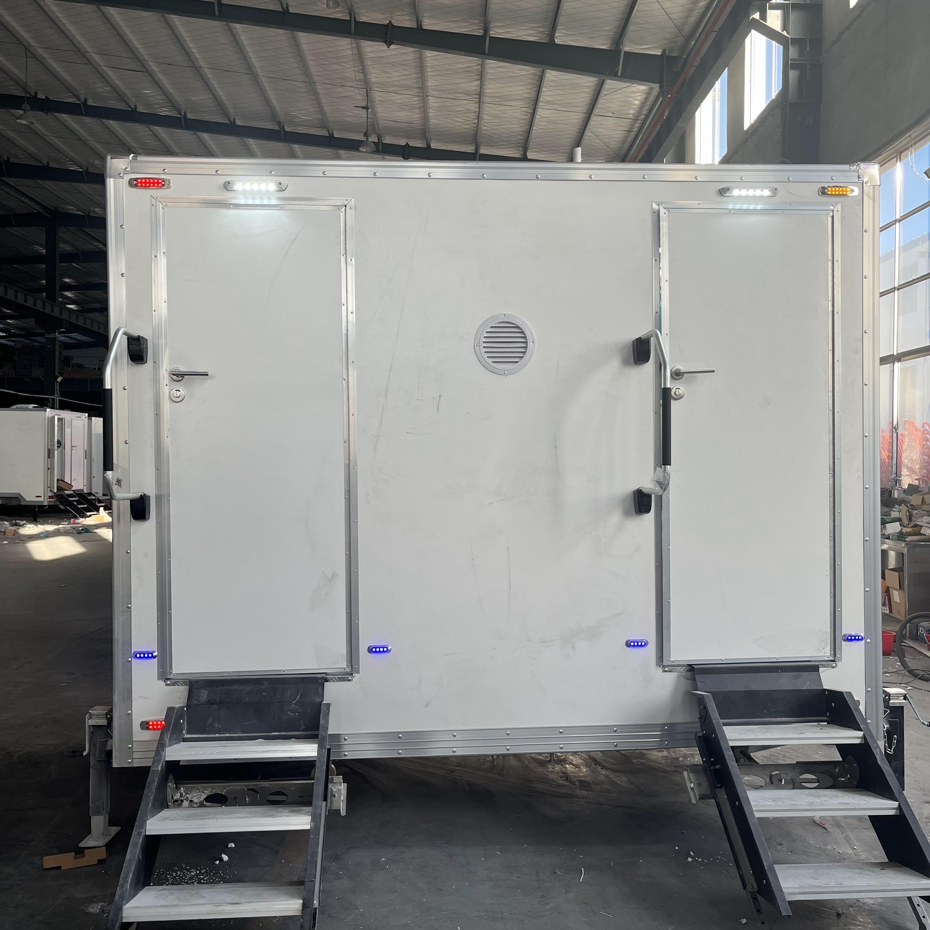 Mobile double toilet white trailer | Two independent bathrooms + waterproof floor + ventilation system for more comfortable outdoor use