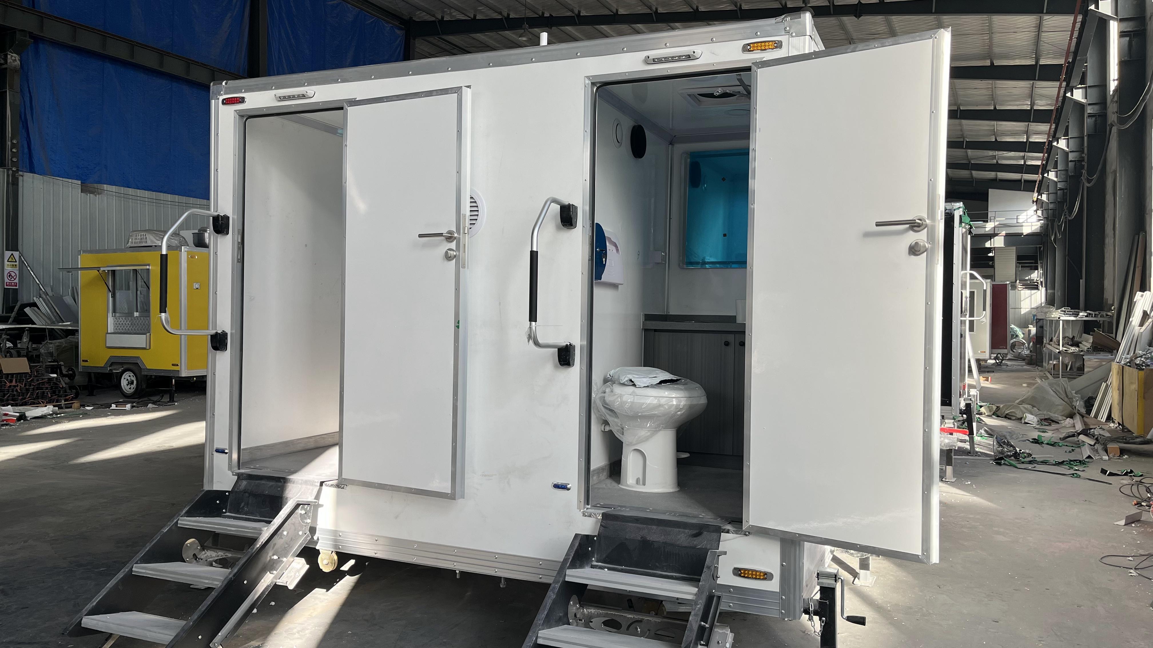 Mobile double toilet white trailer | Two independent bathrooms + waterproof floor + ventilation system for more comfortable outdoor use
