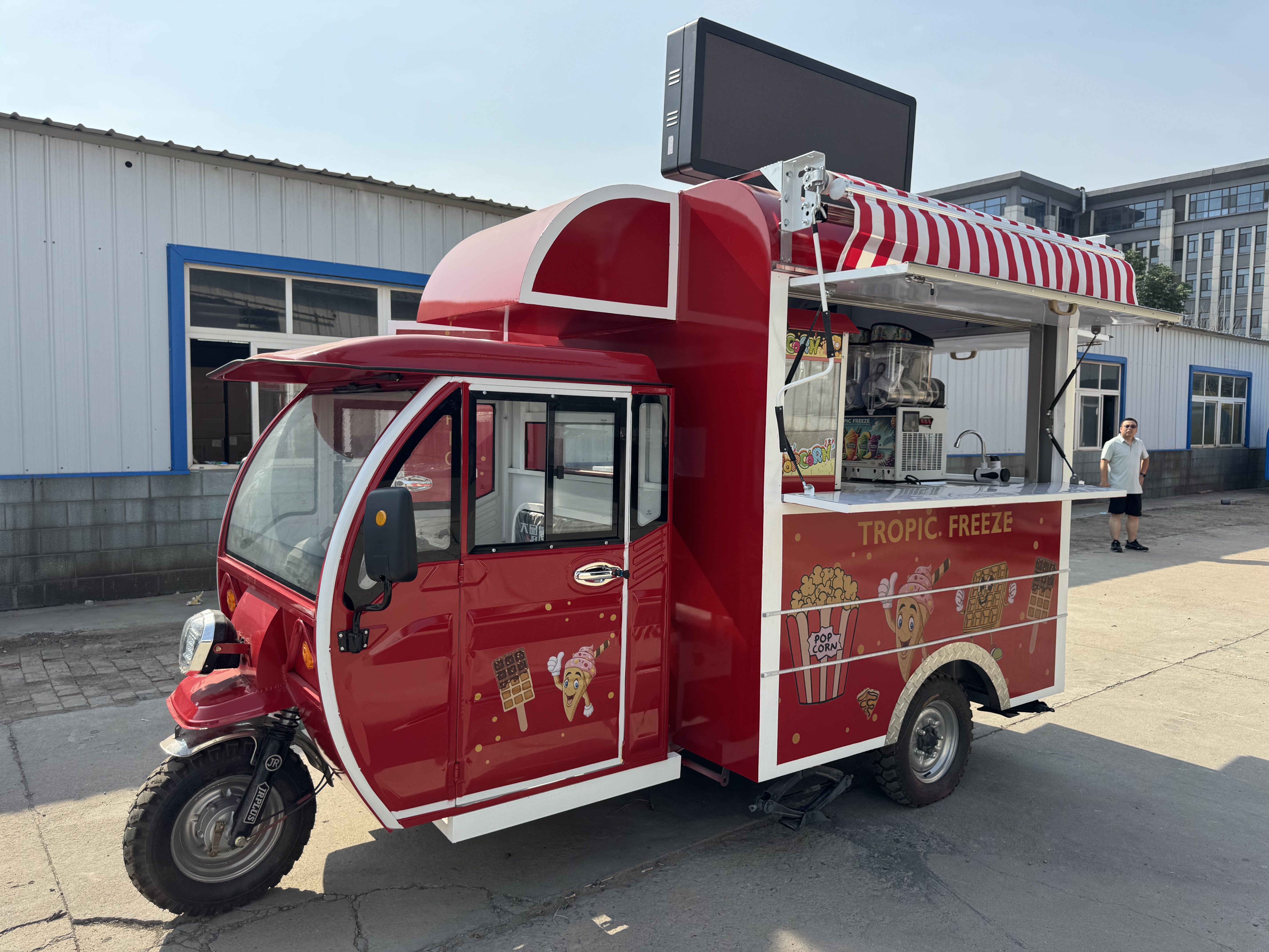 Red multi-functional popcorn food cart trailer popcorn machine + cotton candy machine + storage cabinet with LED light box Night market snack cart/children's party mobile dessert station