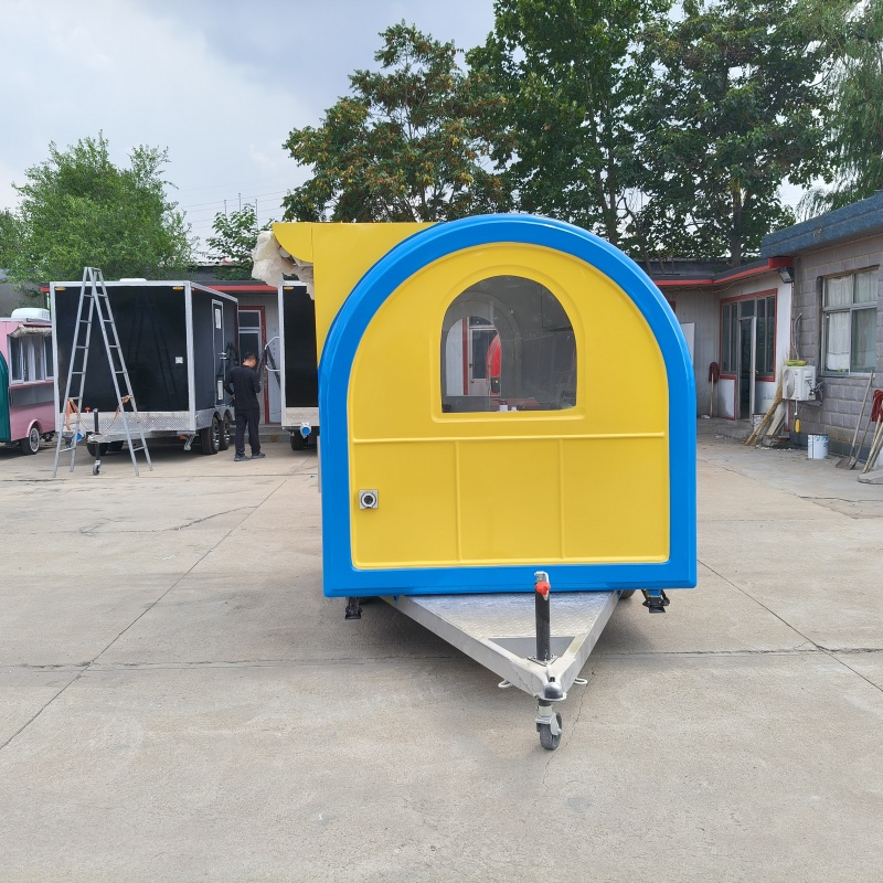Yellow and blue exterior trailer food truck, multi-functional mobile business vehicle editor shares