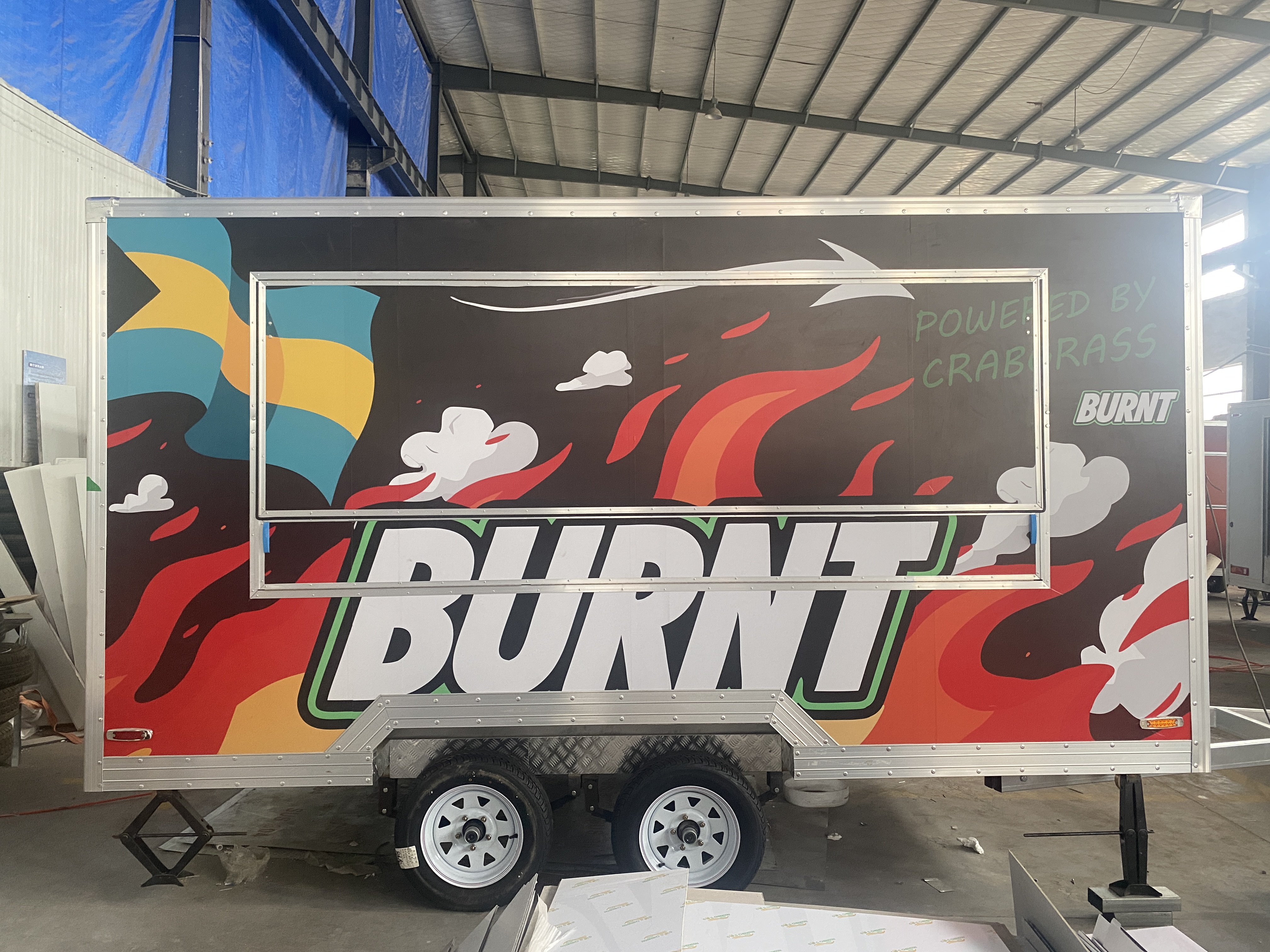 Trendy flame graffiti mobile food truck trailer, an eye-catching tool for street food business