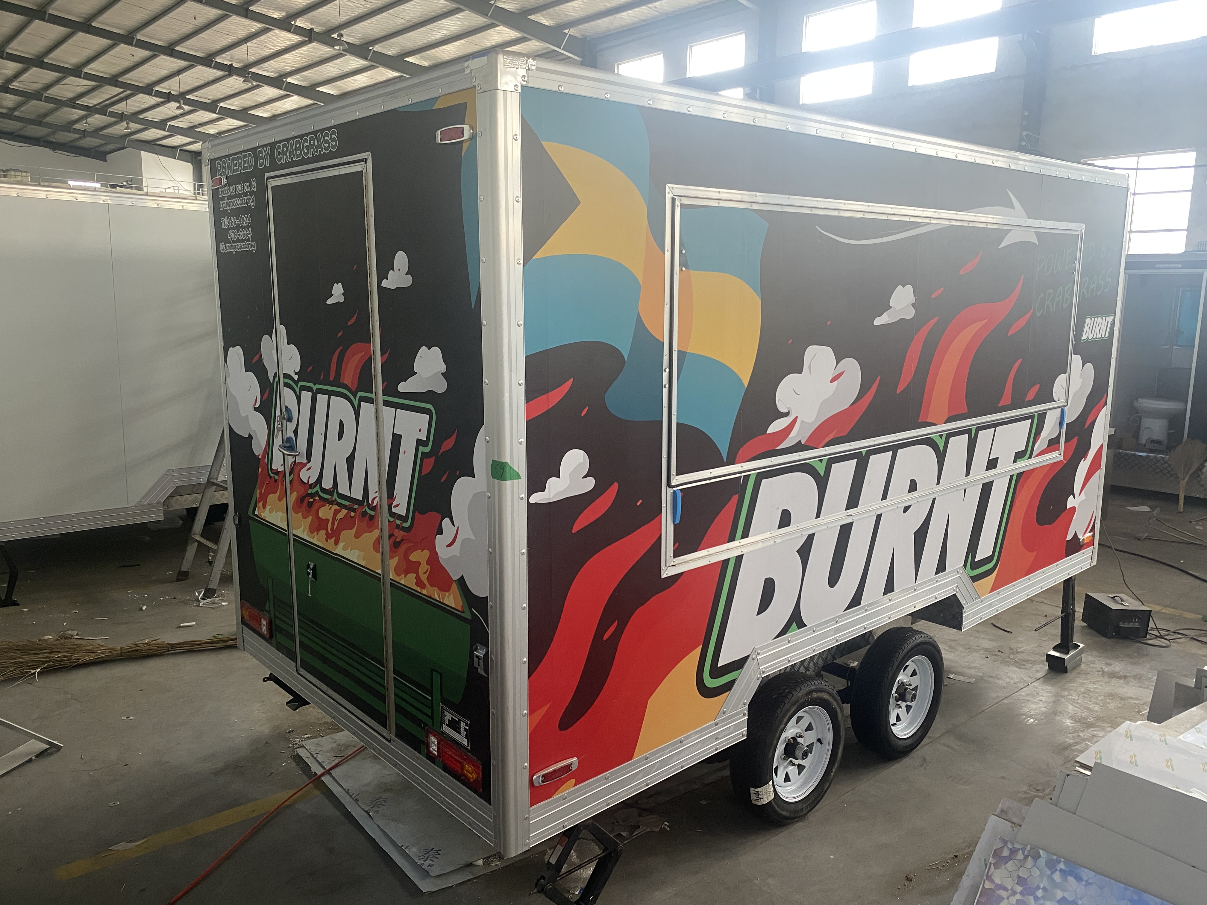 Trendy flame graffiti mobile food truck trailer, an eye-catching tool for street food business