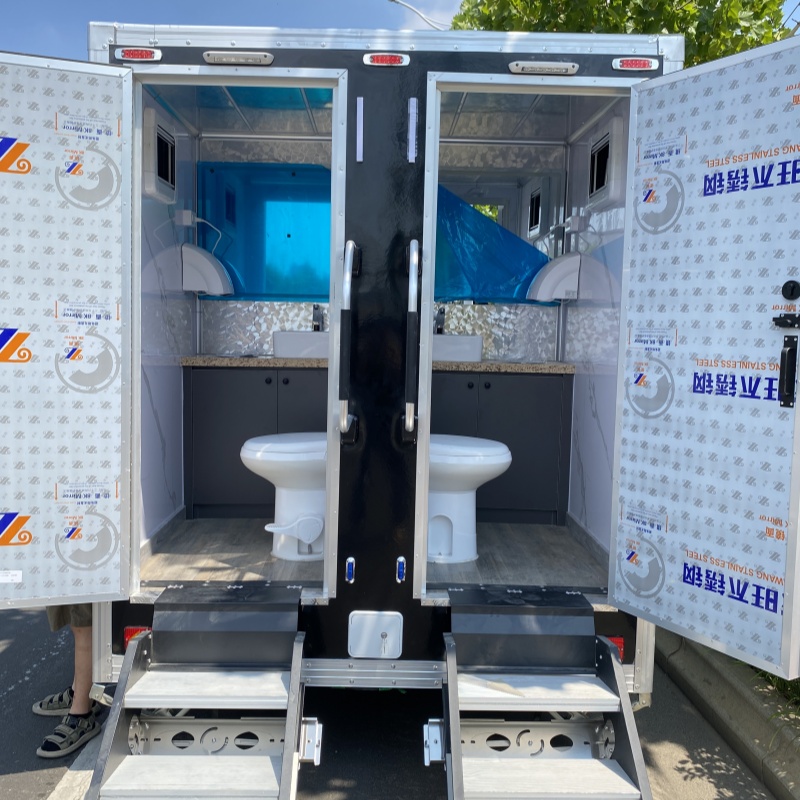 Double-door, double-pedal mobile toilet trailer with black appearance, a convenient and hygienic outdoor solution