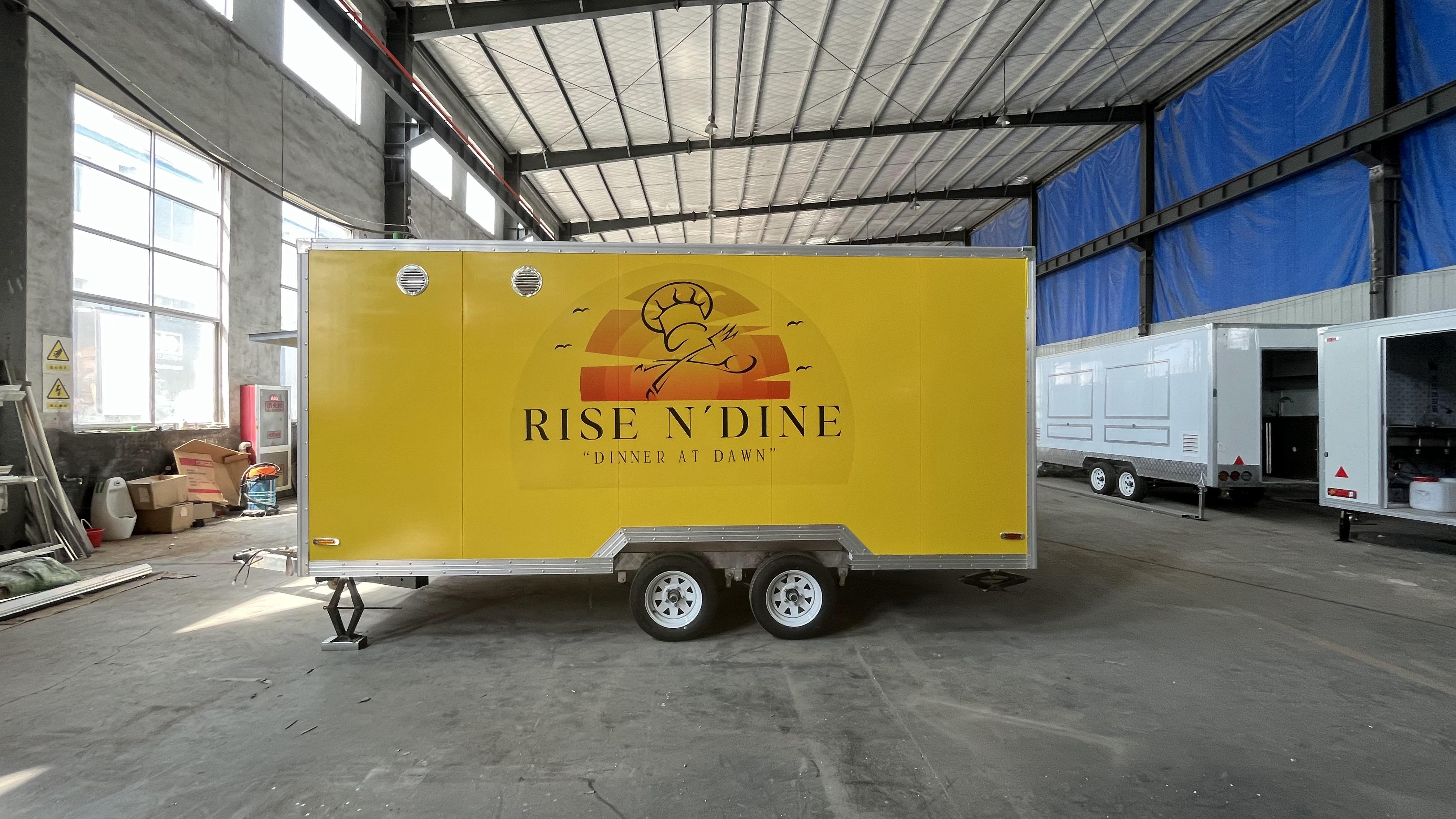 "RISE N DINE" yellow food cart mobile catering operation equipment