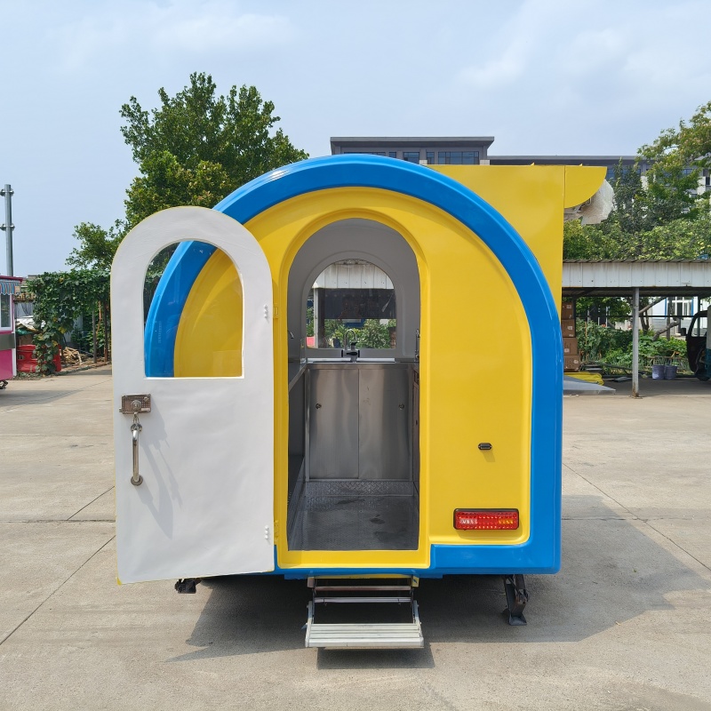 Yellow and blue exterior trailer food truck, multi-functional mobile business vehicle editor shares