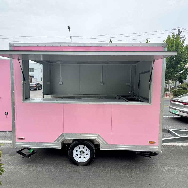 The pink mobile food truck, an outdoor mobile business trailer, is a must-have for selling snacks and beverages