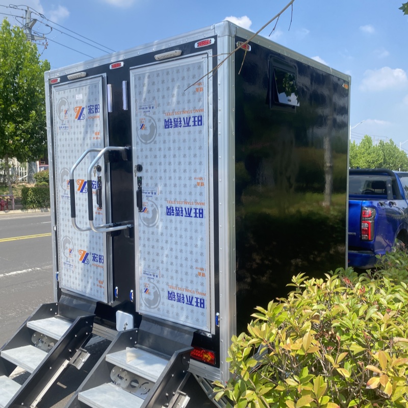 Double-door, double-pedal mobile toilet trailer with black appearance, a convenient and hygienic outdoor solution
