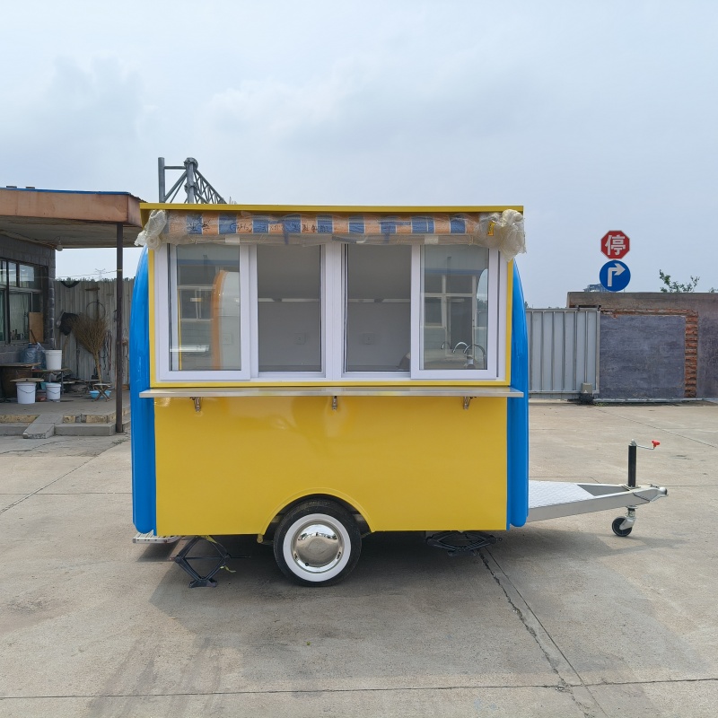 Yellow and blue exterior trailer food truck, multi-functional mobile business vehicle editor shares