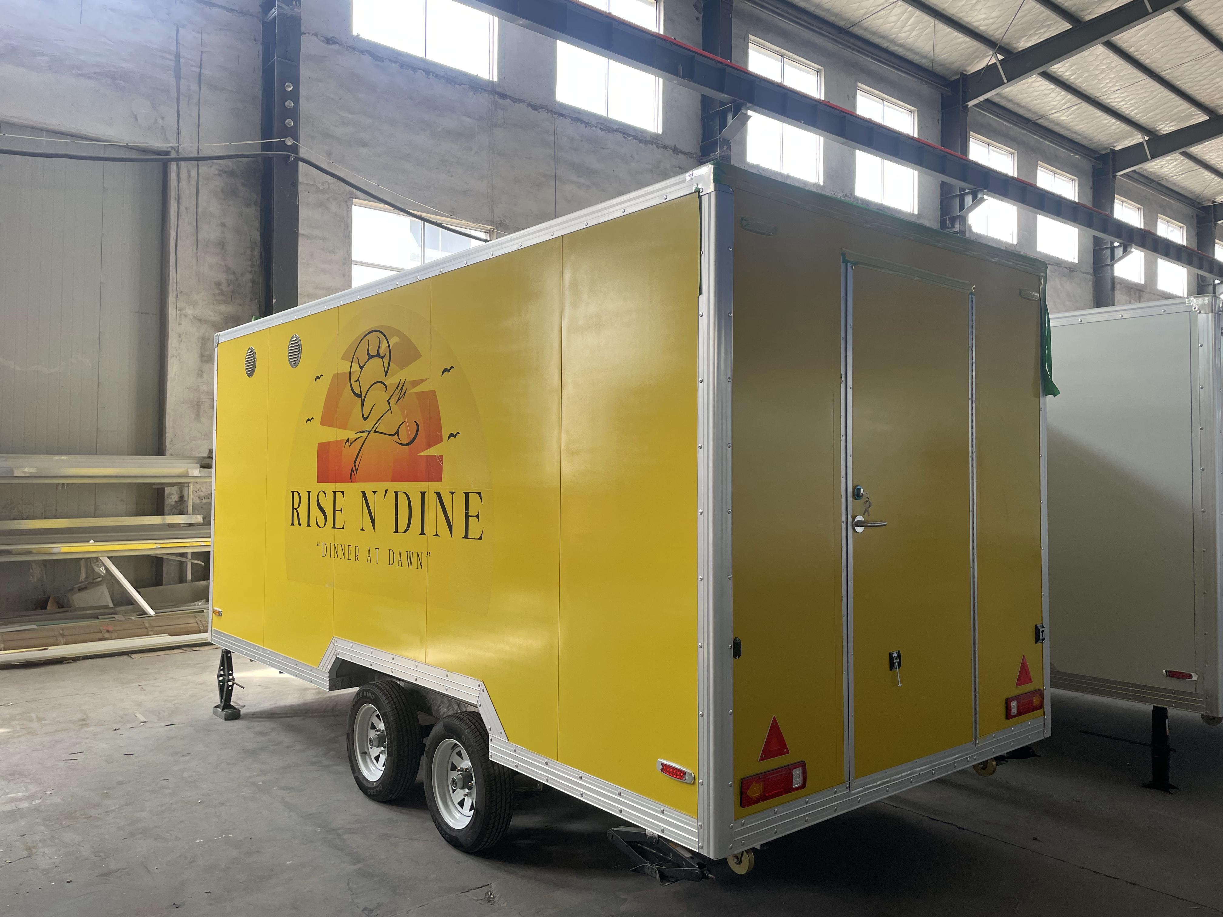 "RISE N DINE" yellow food cart mobile catering operation equipment