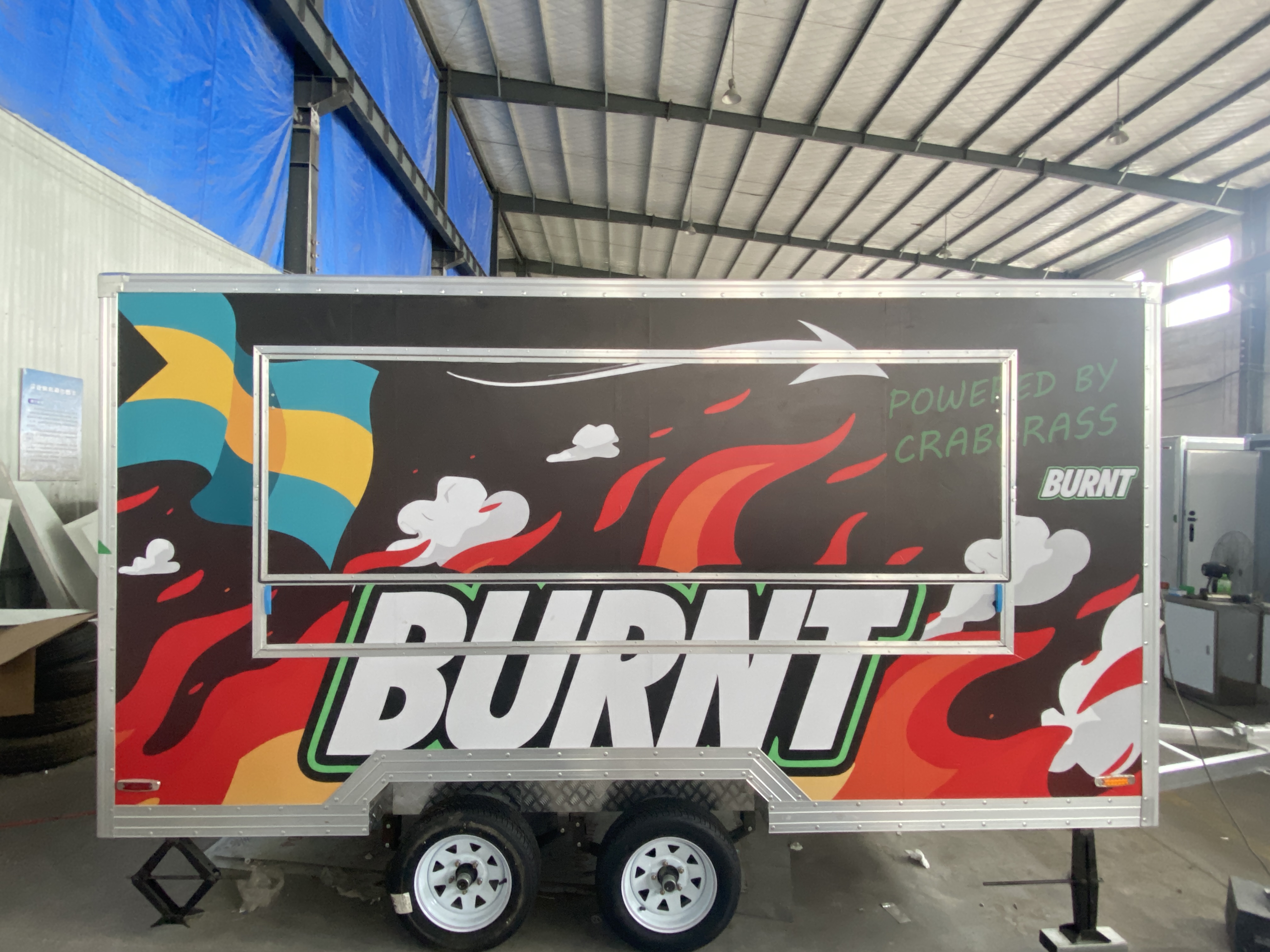 Trendy flame graffiti mobile food truck trailer, an eye-catching tool for street food business