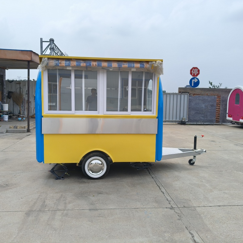 Yellow and blue exterior trailer food truck, multi-functional mobile business vehicle editor shares