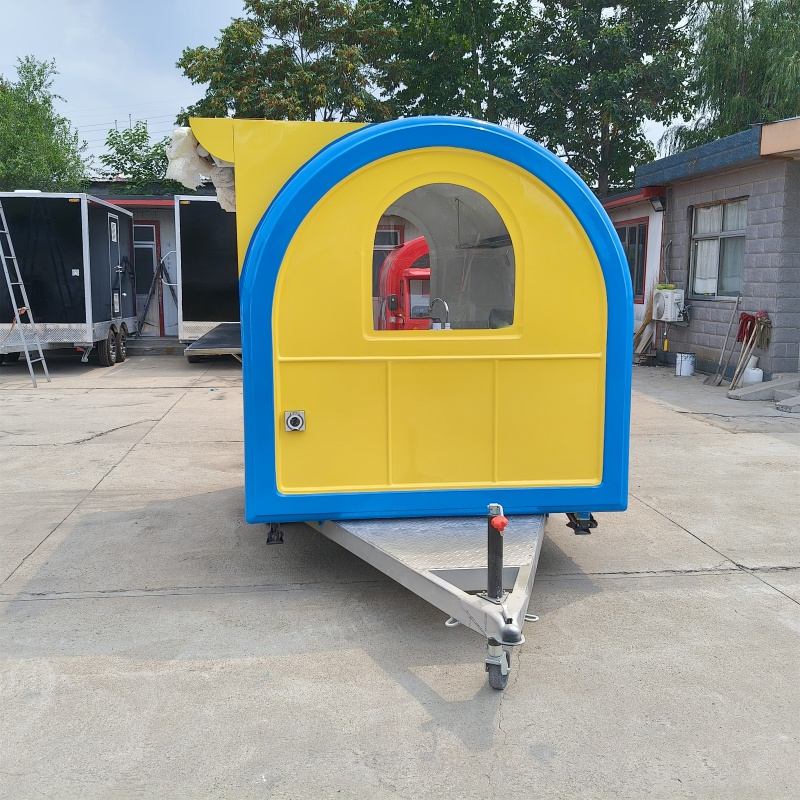 Yellow and blue exterior trailer food truck, multi-functional mobile business vehicle editor shares