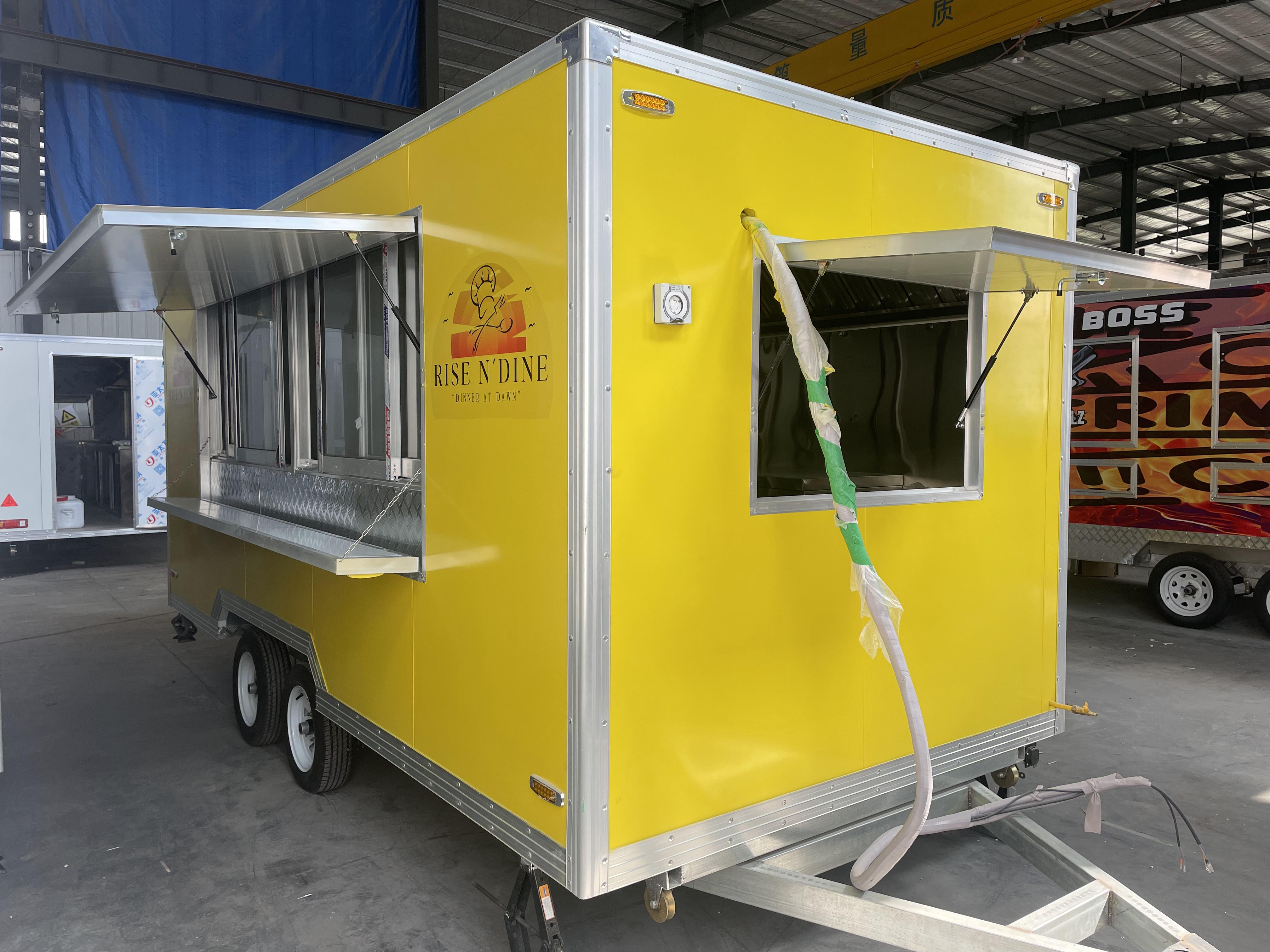 "RISE N DINE" yellow food cart mobile catering operation equipment