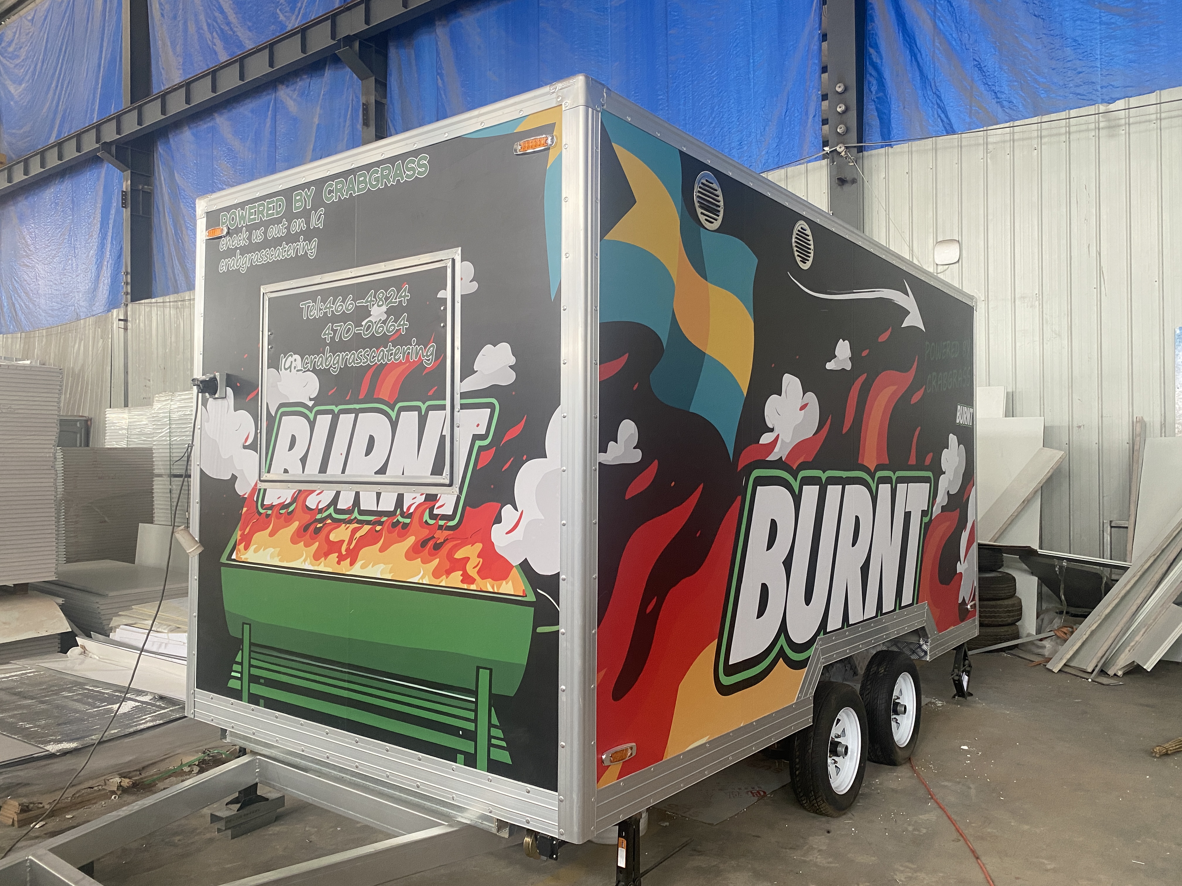 Trendy flame graffiti mobile food truck trailer, an eye-catching tool for street food business