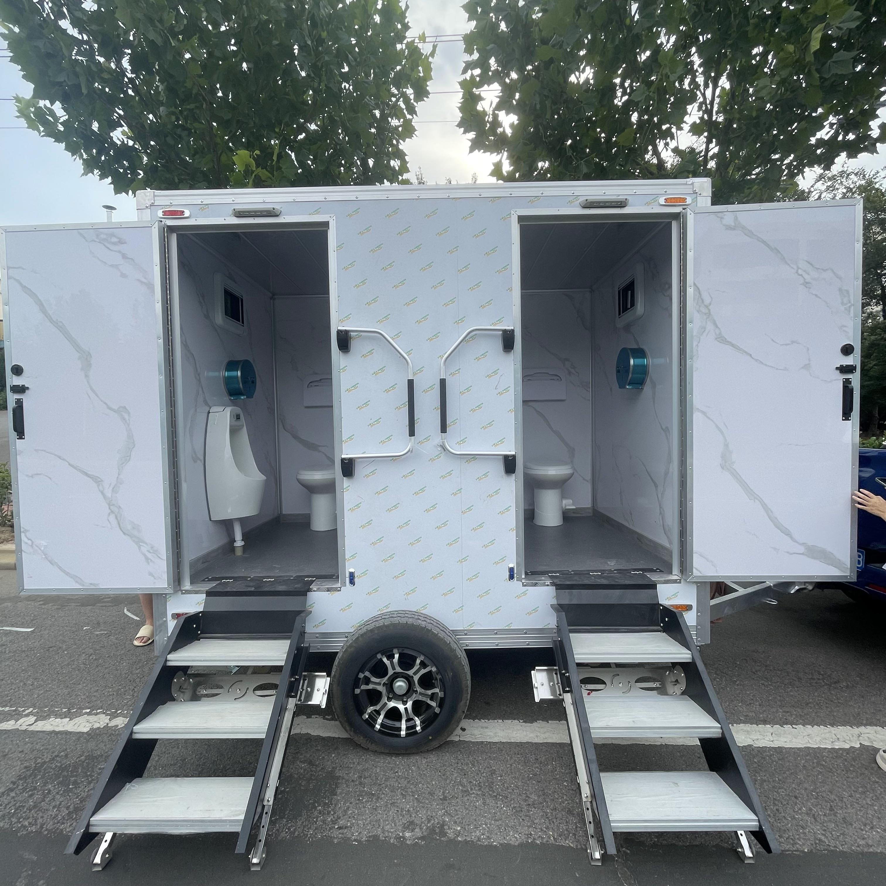 Trailer-mounted mobile double-door toilet for outdoor convenience