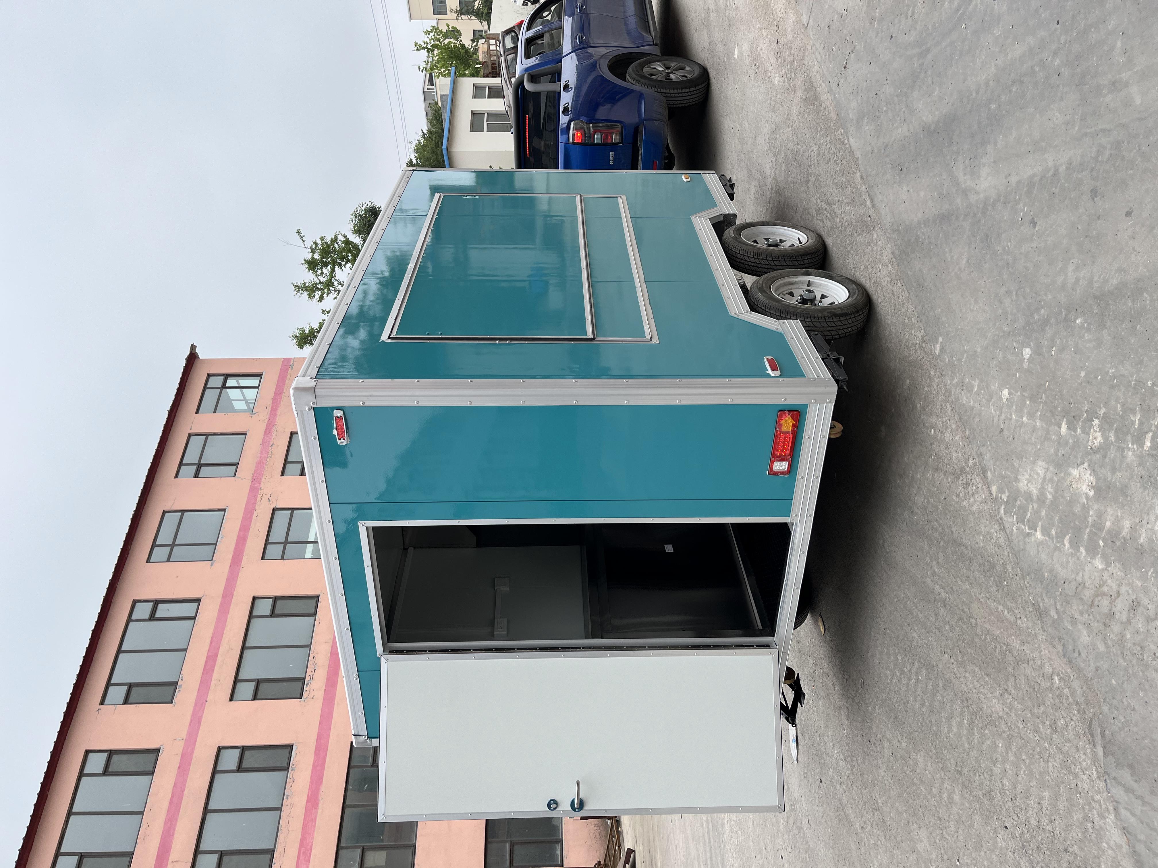 Customized blue-green mobile food truck with sunshade window, a great helper for mobile business operations