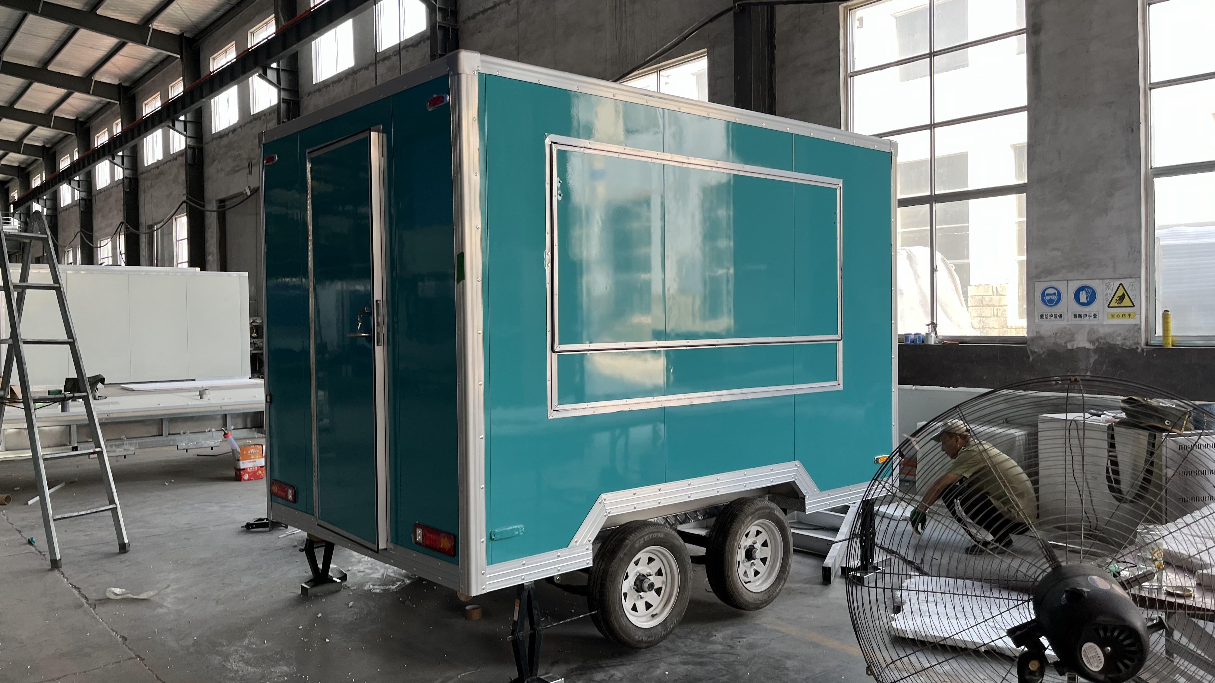 Customized blue-green mobile food truck with sunshade window, a great helper for mobile business operations