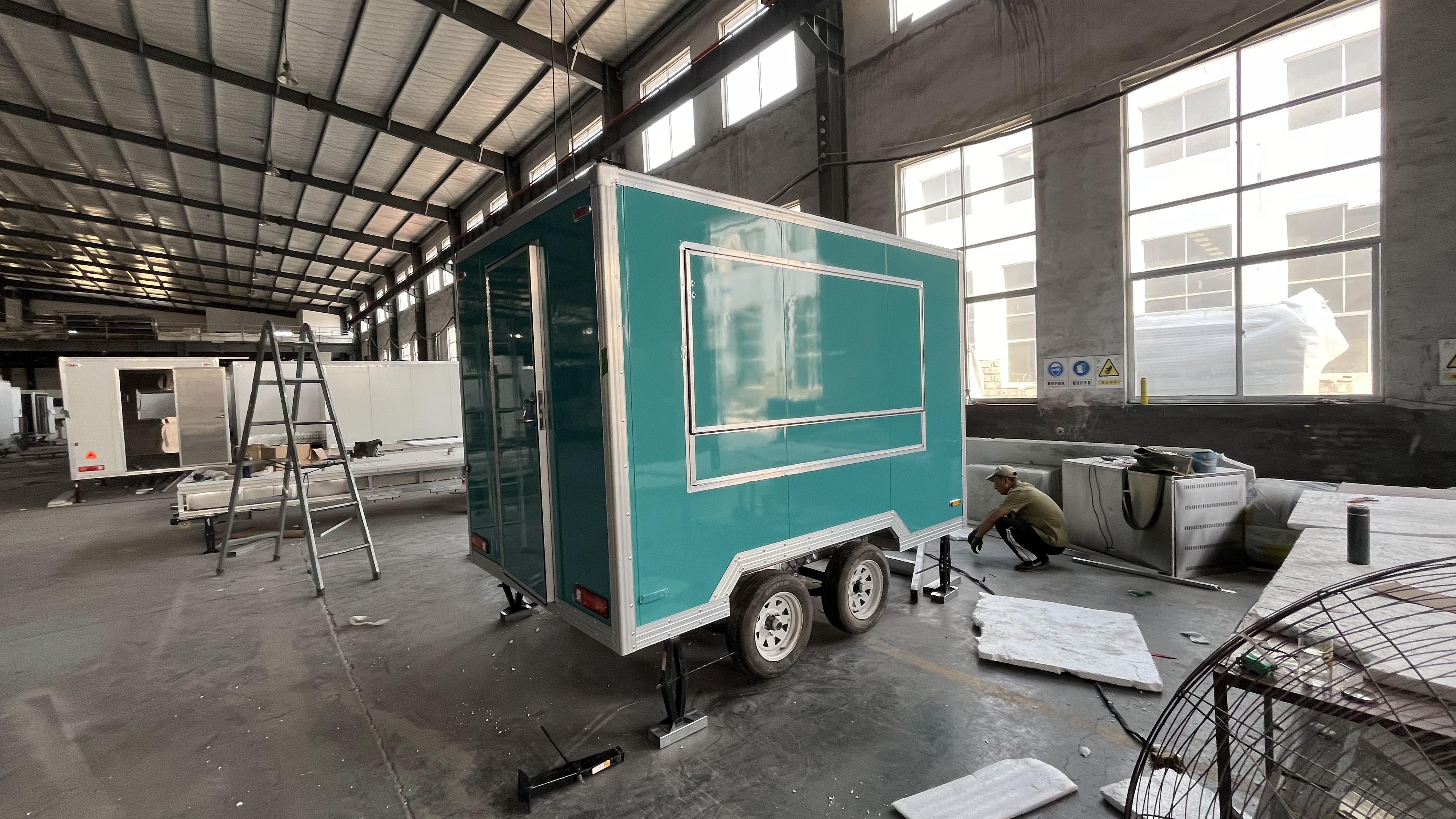 Customized blue-green mobile food truck with sunshade window, a great helper for mobile business operations