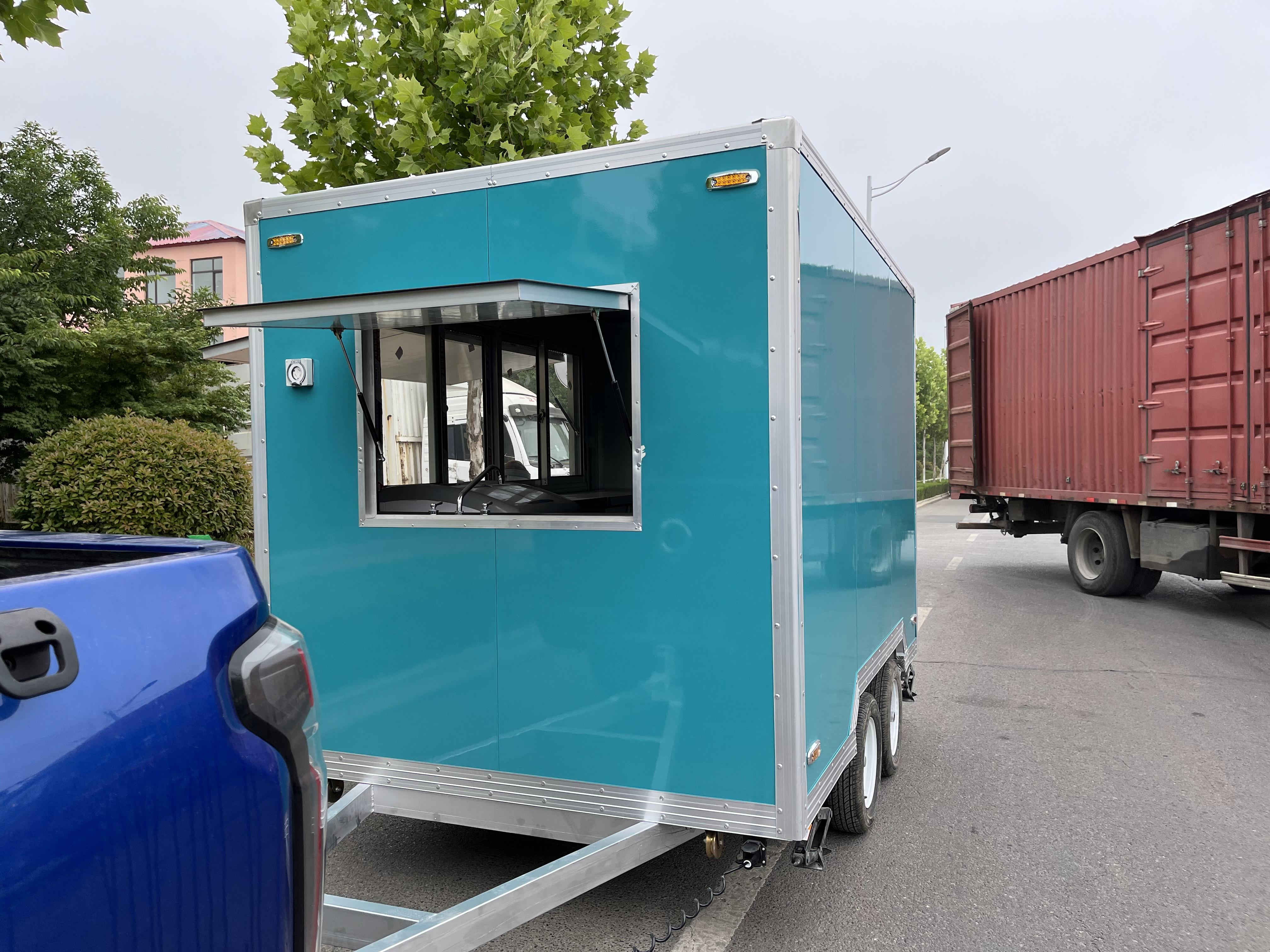 Customized blue-green mobile food truck with sunshade window, a great helper for mobile business operations