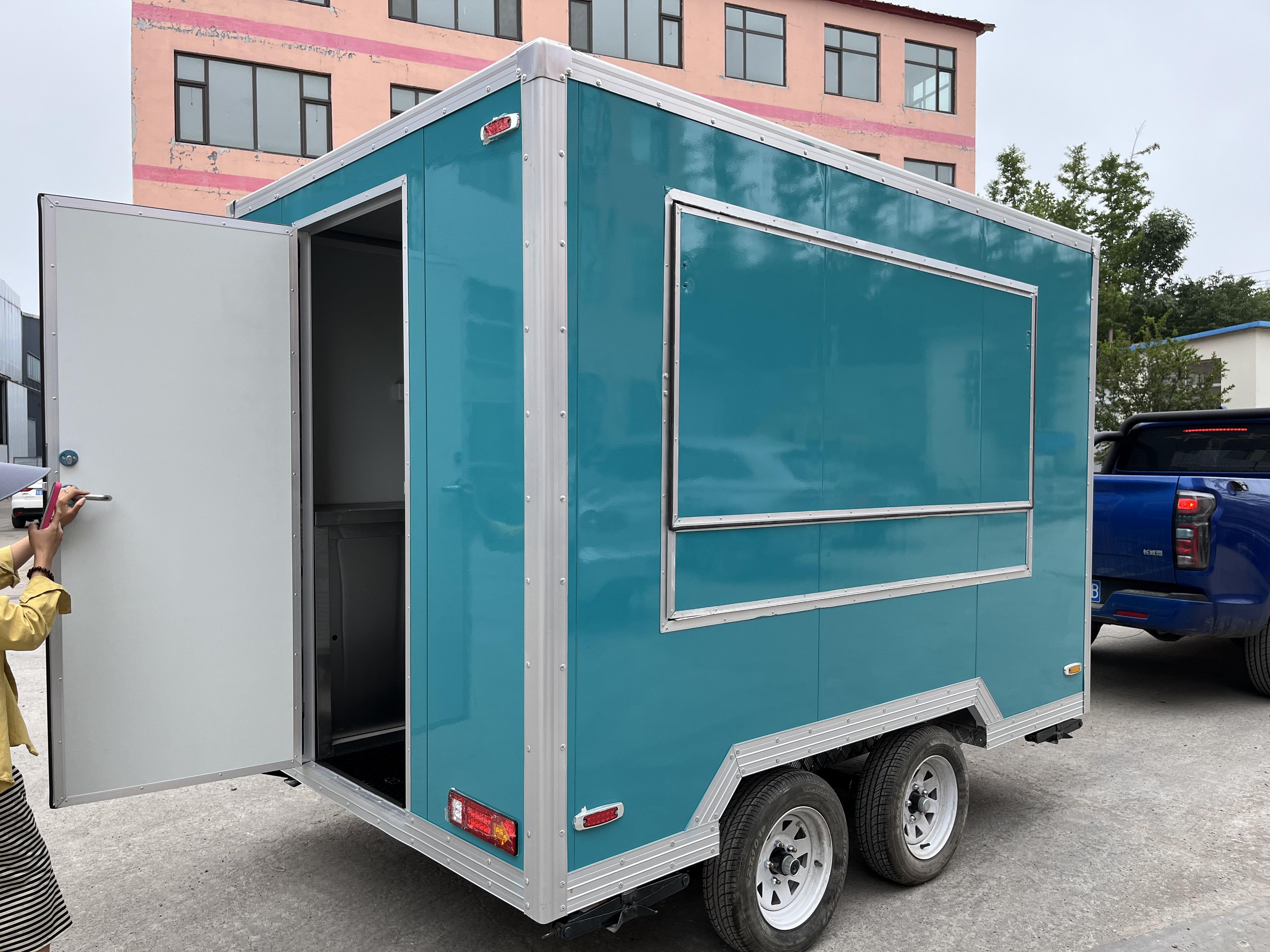 Customized blue-green mobile food truck with sunshade window, a great helper for mobile business operations