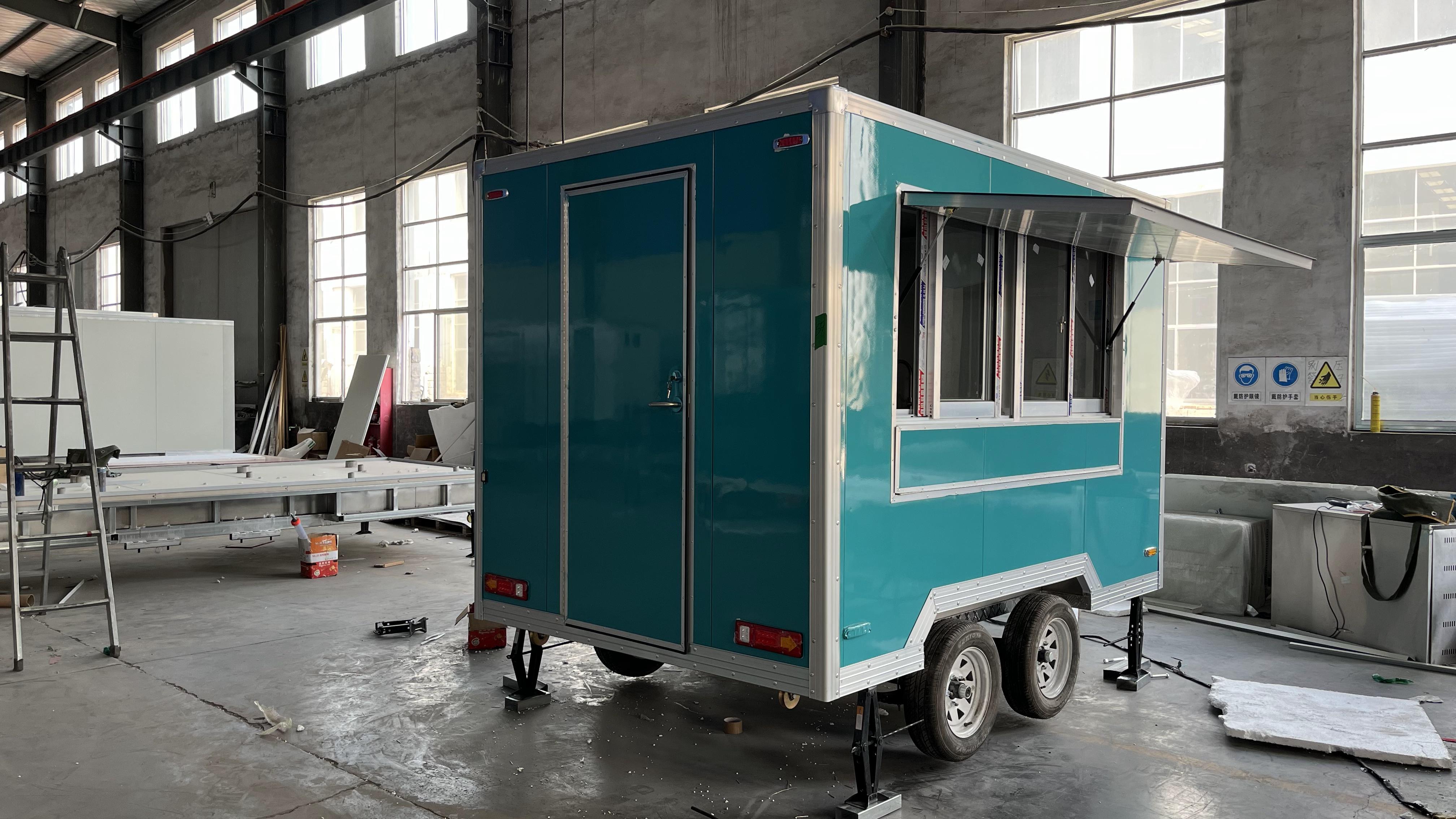 Customized blue-green mobile food truck with sunshade window, a great helper for mobile business operations