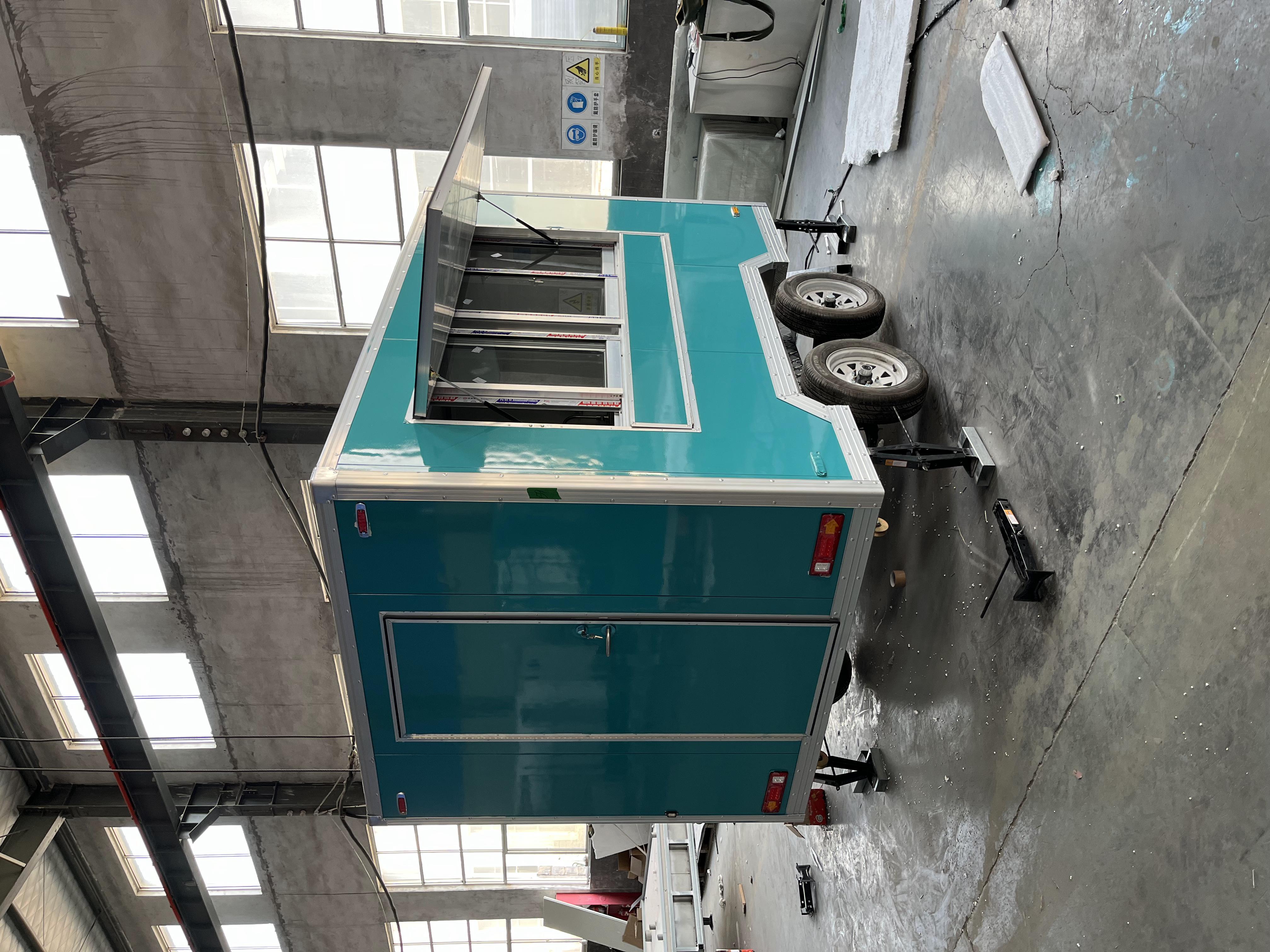 Customized blue-green mobile food truck with sunshade window, a great helper for mobile business operations