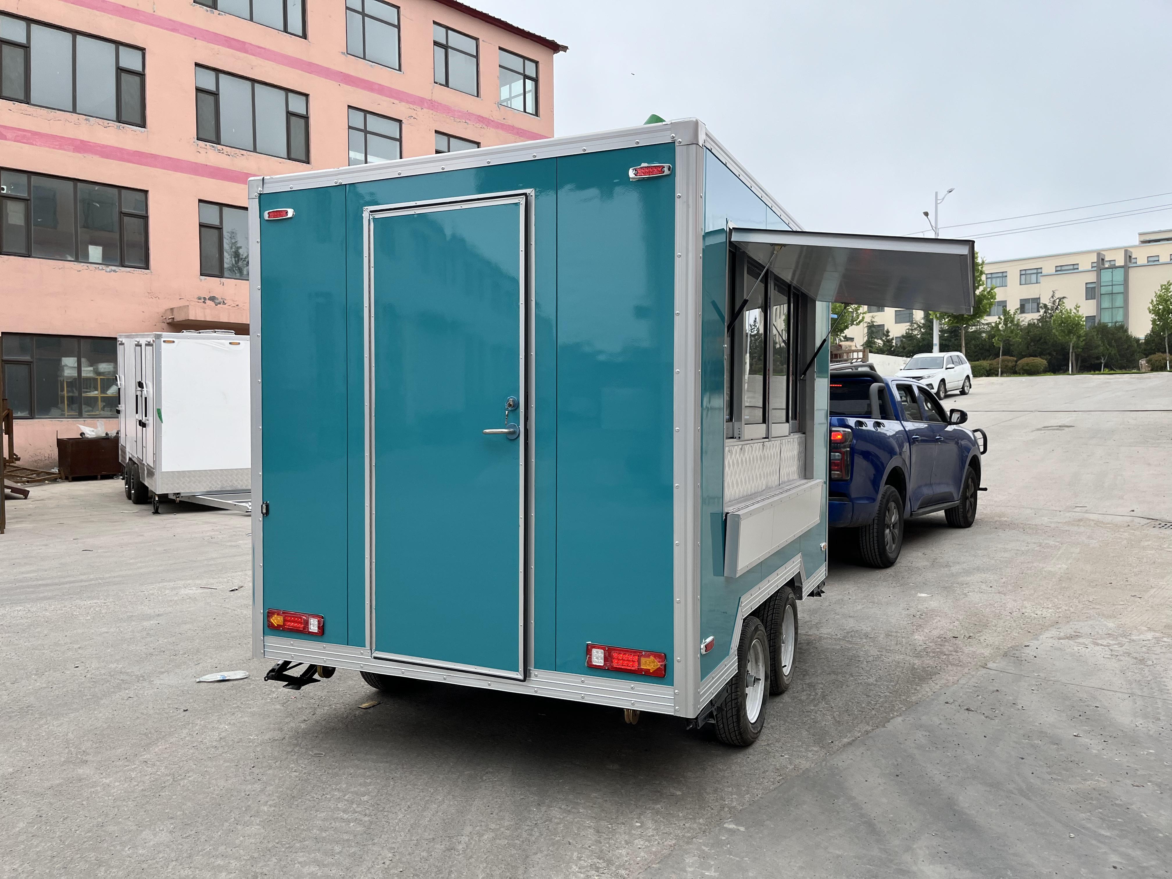 Customized blue-green mobile food truck with sunshade window, a great helper for mobile business operations