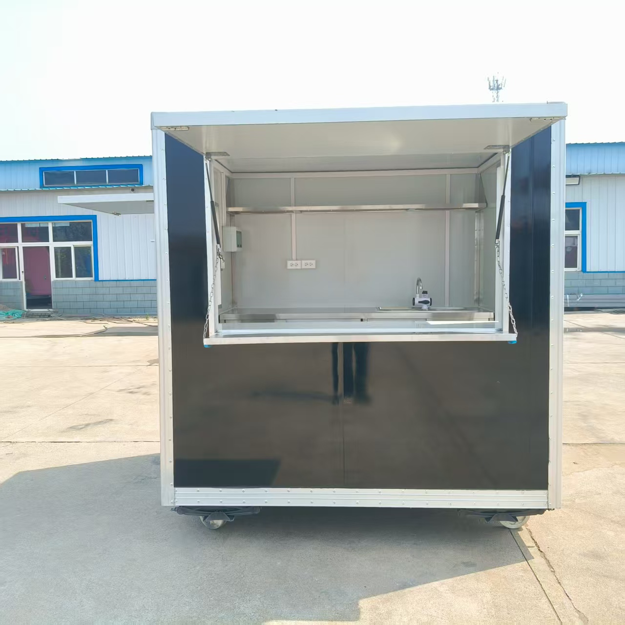 Black multi-functional mobile vending cart with window, outdoor food cart, mobile snack business cart
