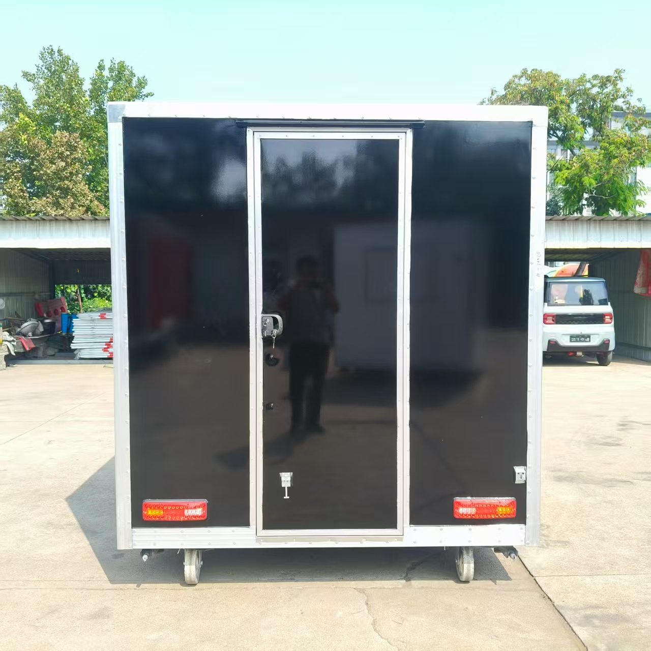 Black multi-functional mobile vending cart with window, outdoor food cart, mobile snack business cart