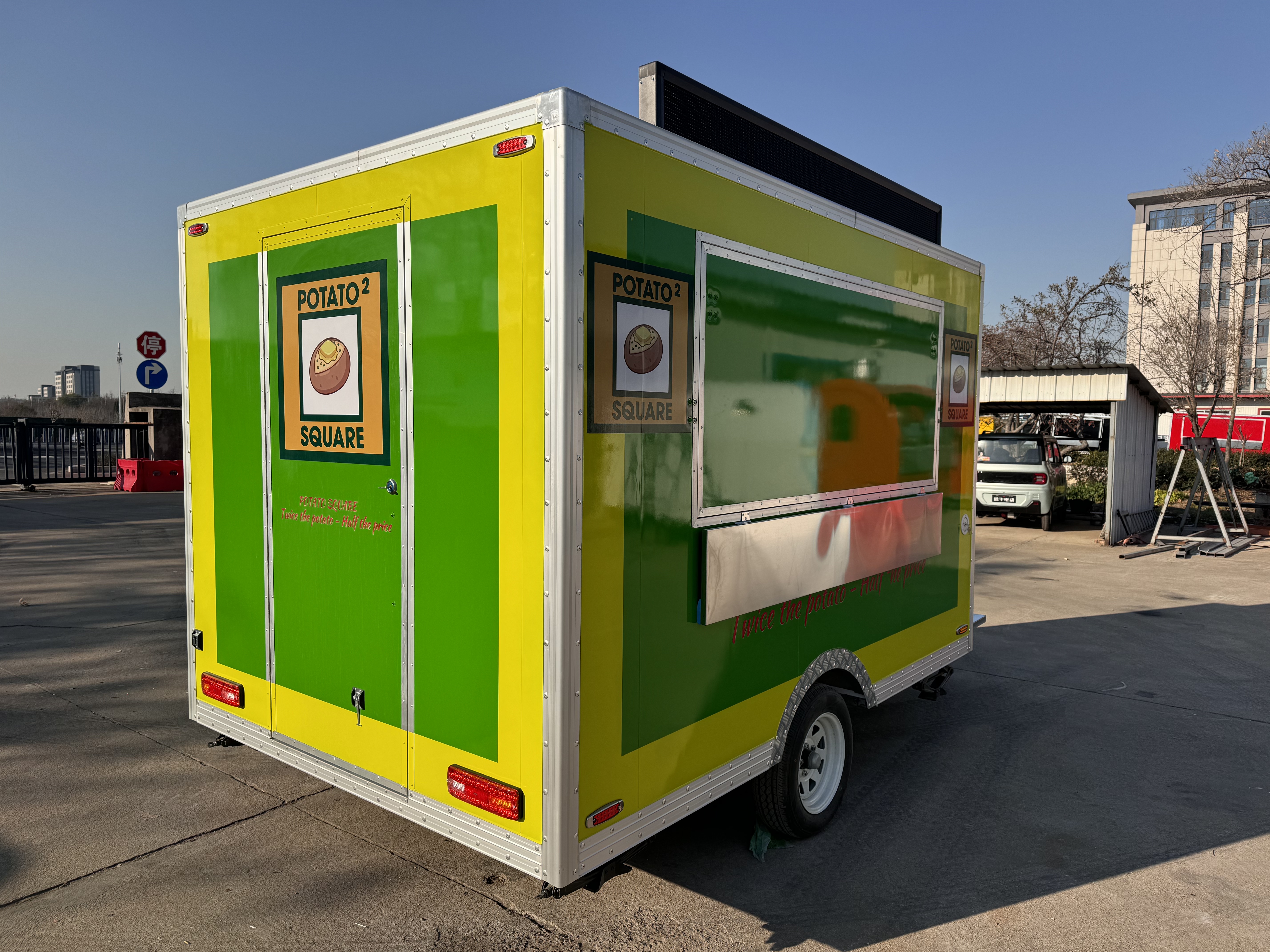 Creative yellow and green potato-themed food truck, embark on a delicious mobile journey
